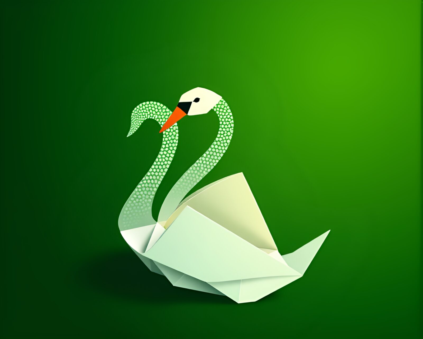 Detailed pointillist artwork of an origami swan in forest-green hues