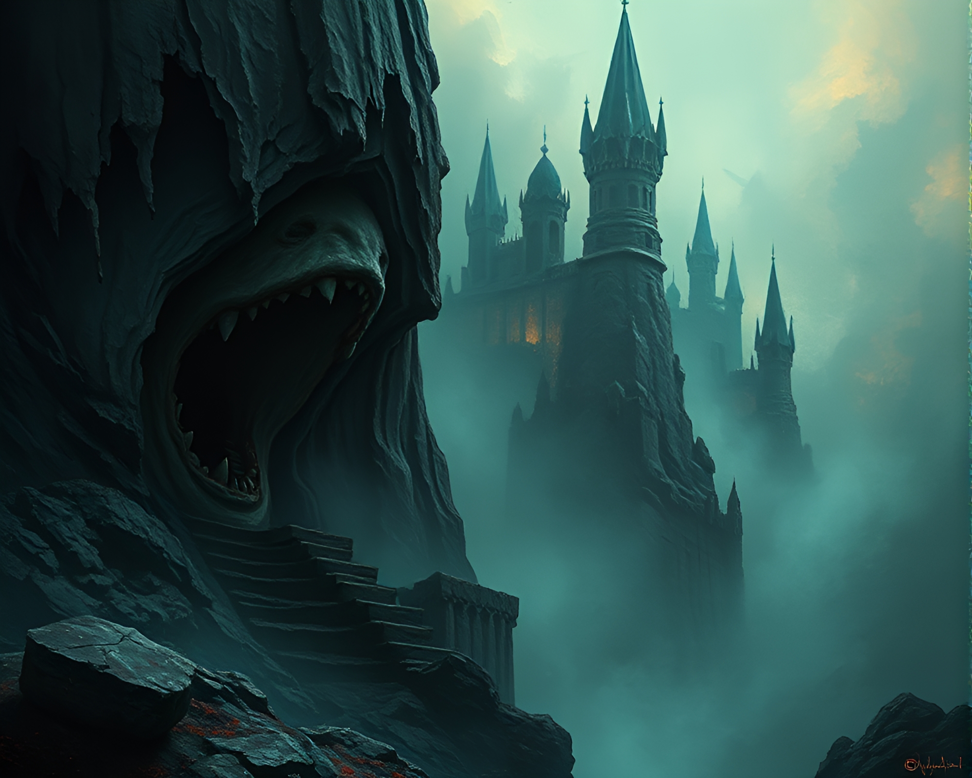 Lovecraftian Horror Depths: Trompe-l’oeil Eerie Composition – free AI stock image