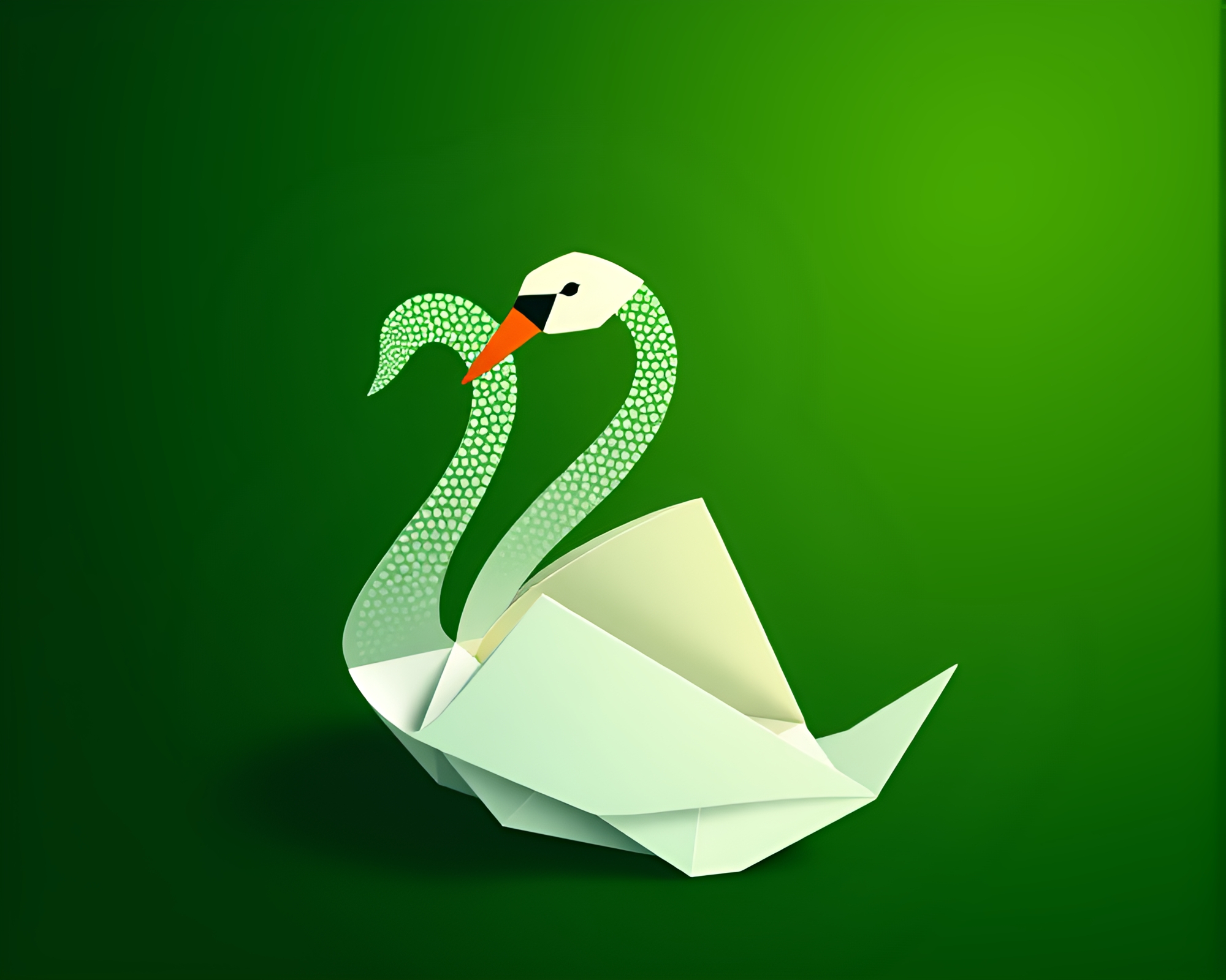 Origami Swan in Pointillist Forest-Green Isometric Illustration – free AI stock image