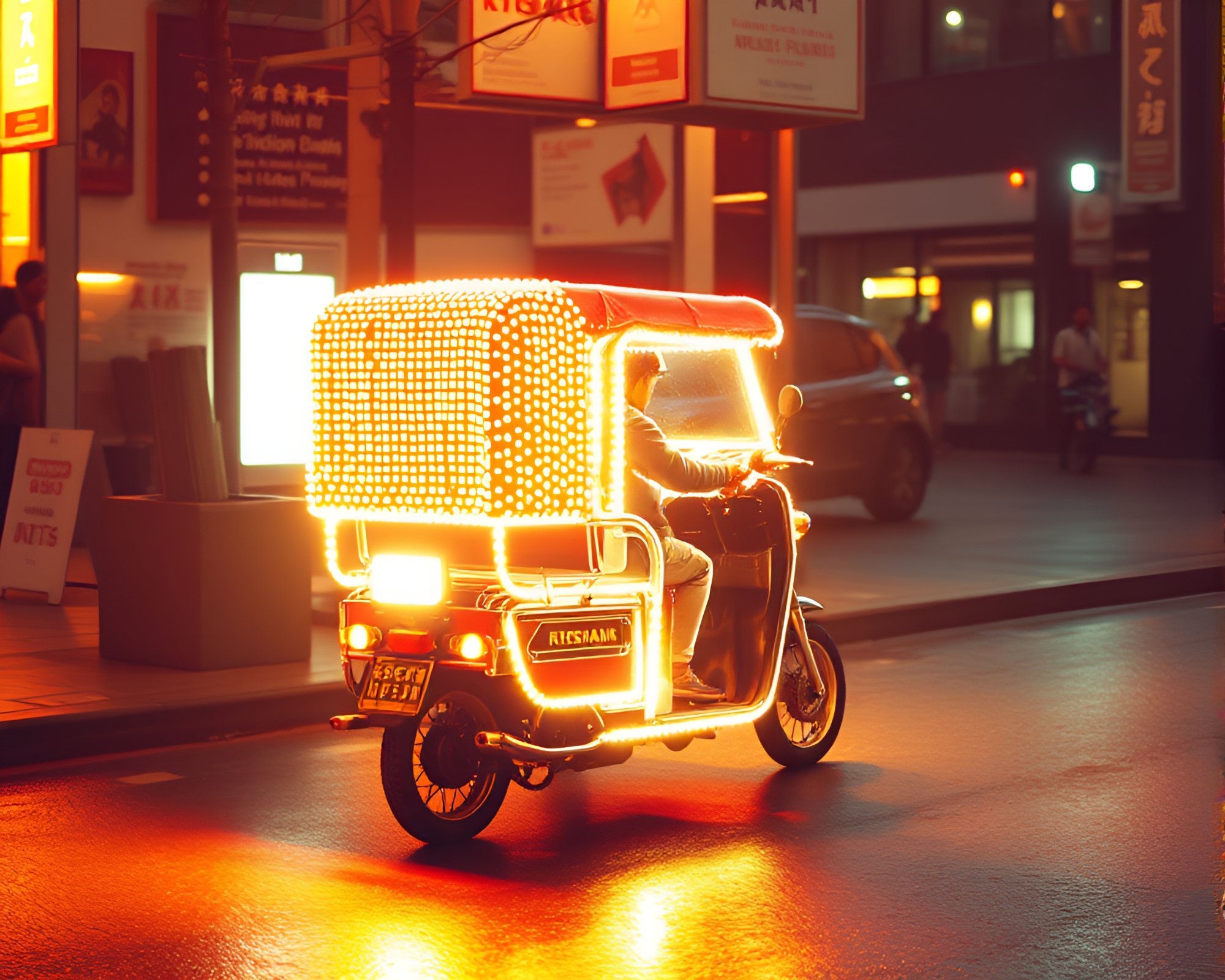 Divisionism Rickshaw Ride Through Dot Matrix City – free AI stock image