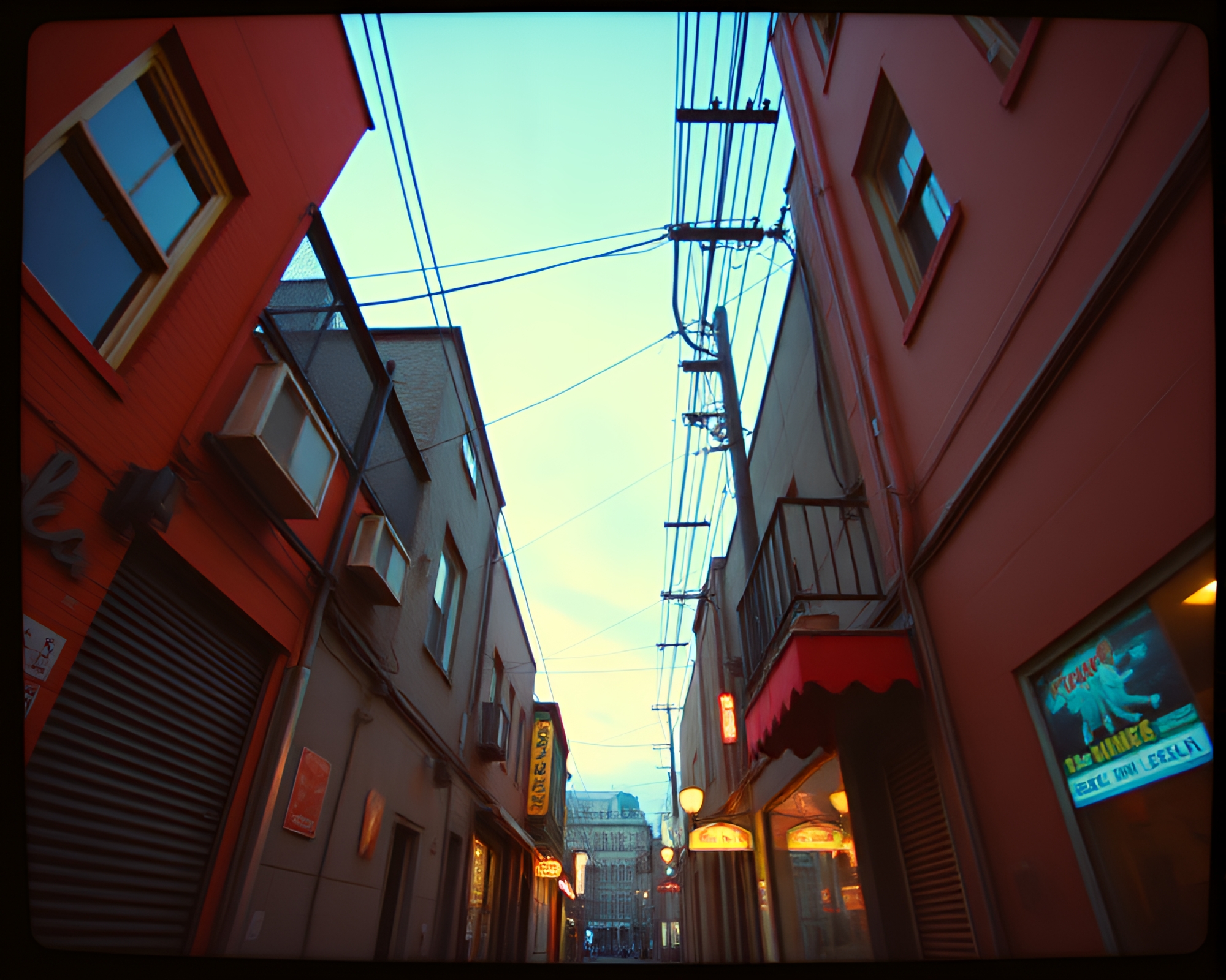 Neon Cyberpunk Alley at Dawn with Fisheye Effect – free AI stock image