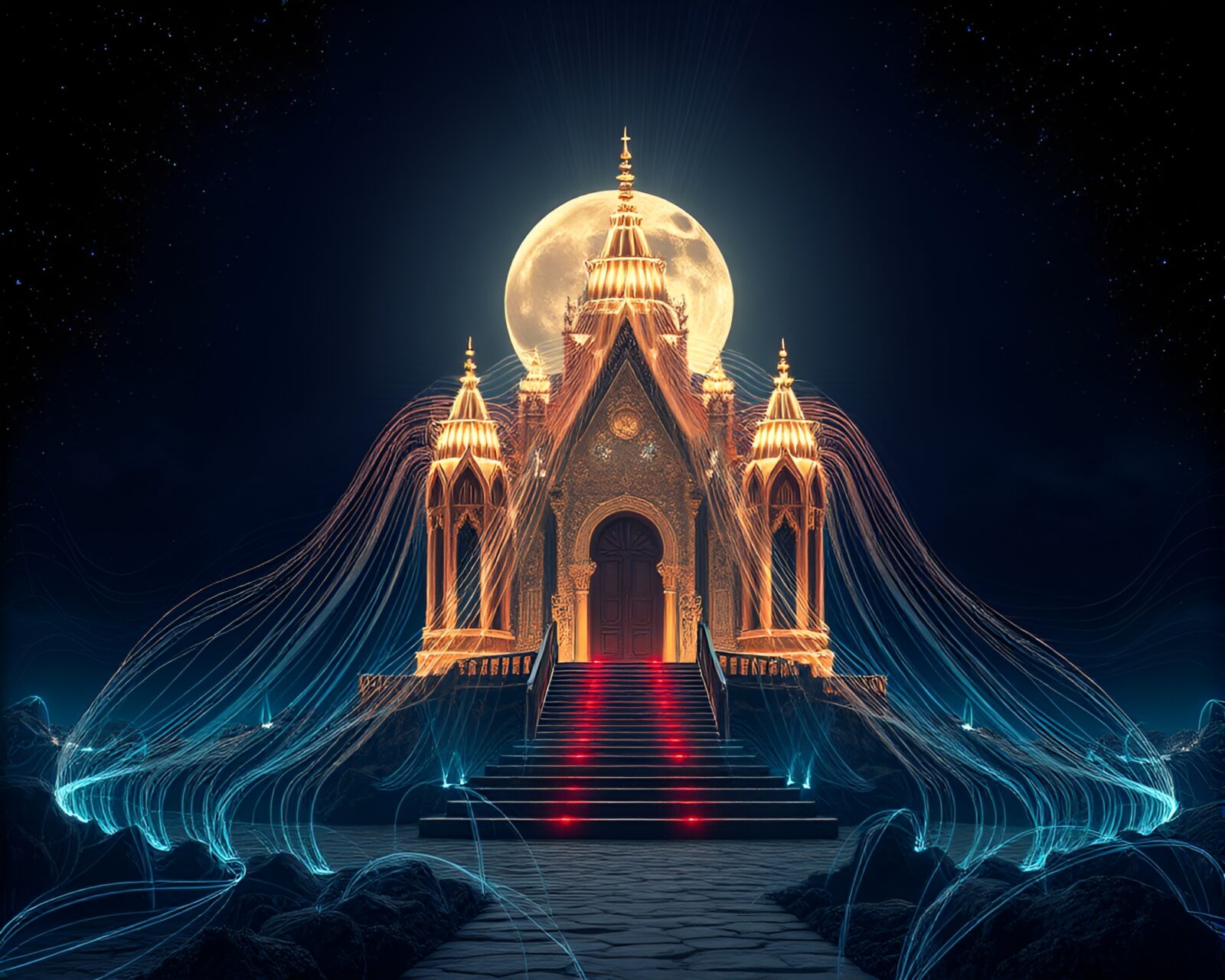 Fractal fiber optics lighting up ancient temple at night