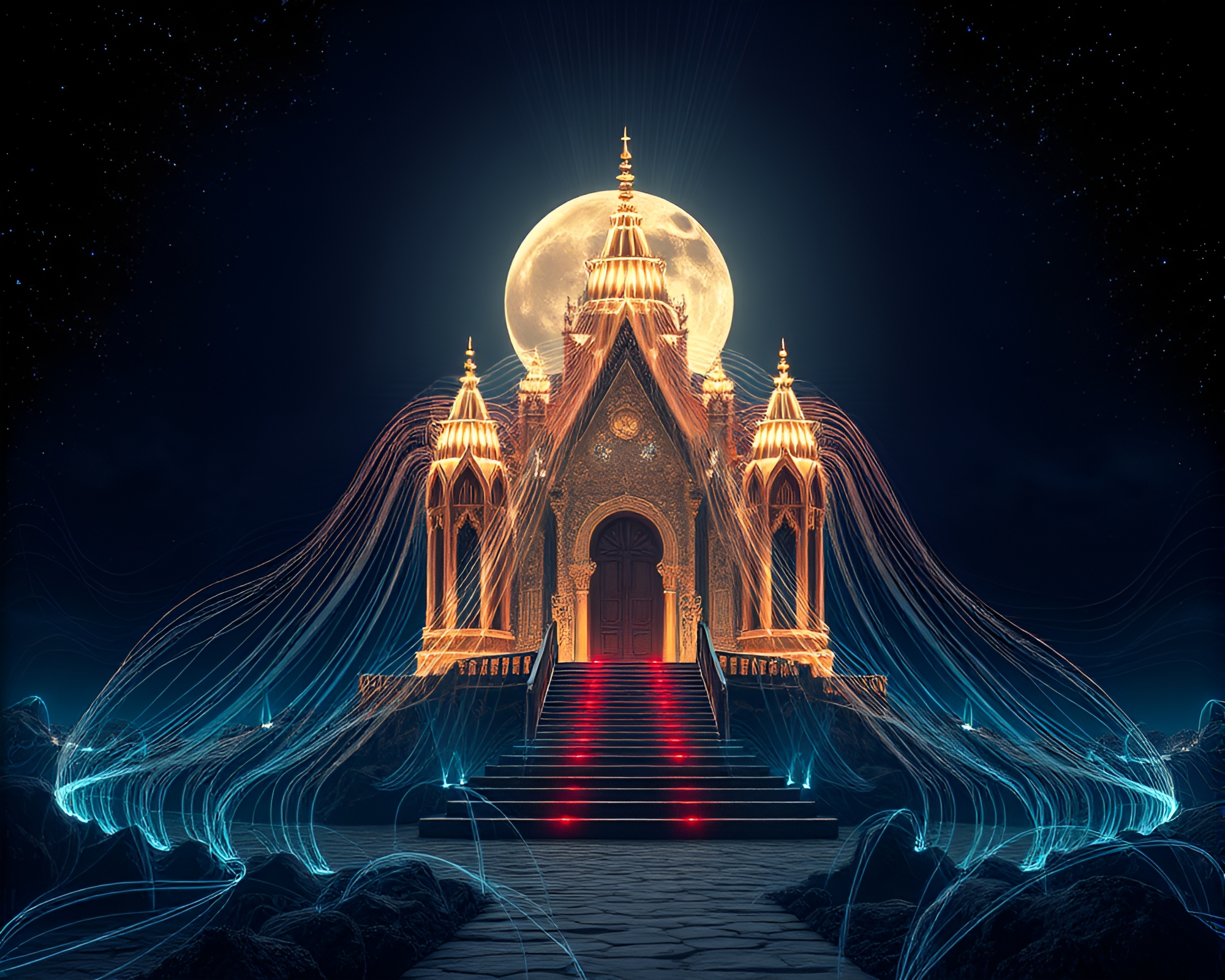 Moonlit Temple Fiber Optics Fractal Illumination – free AI stock image
