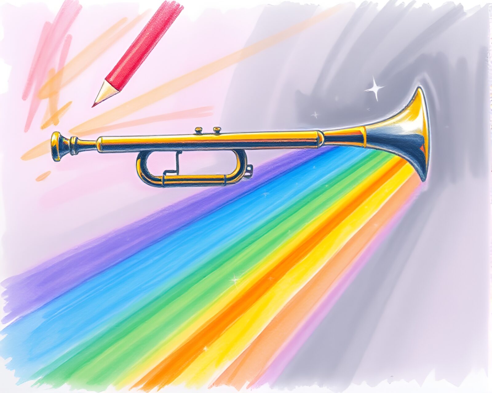A serene drawing of a trumpet refracting rainbows in pastel colors.