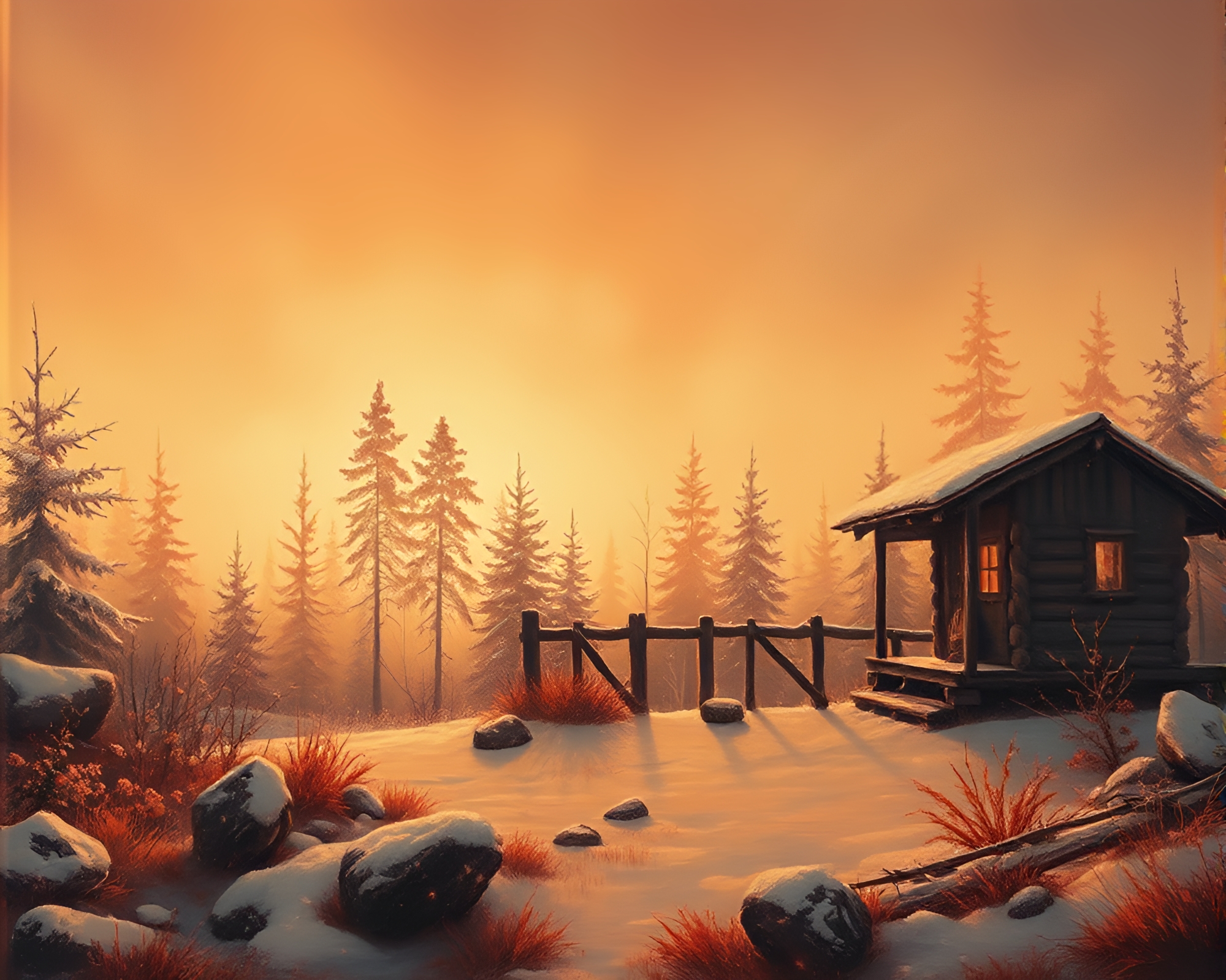 Rustic Cabin Glow: Infrared Glass Shards Matte Painting – free AI stock image