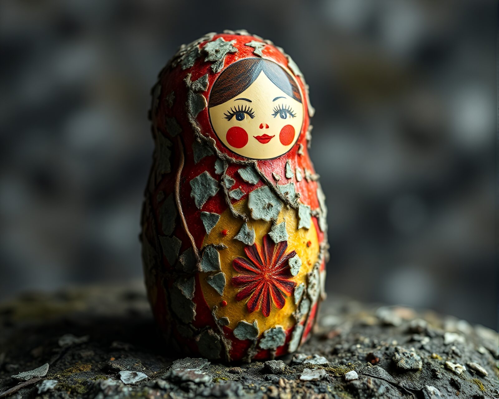 Glowing rim light reveals intricate lichen textures on doll