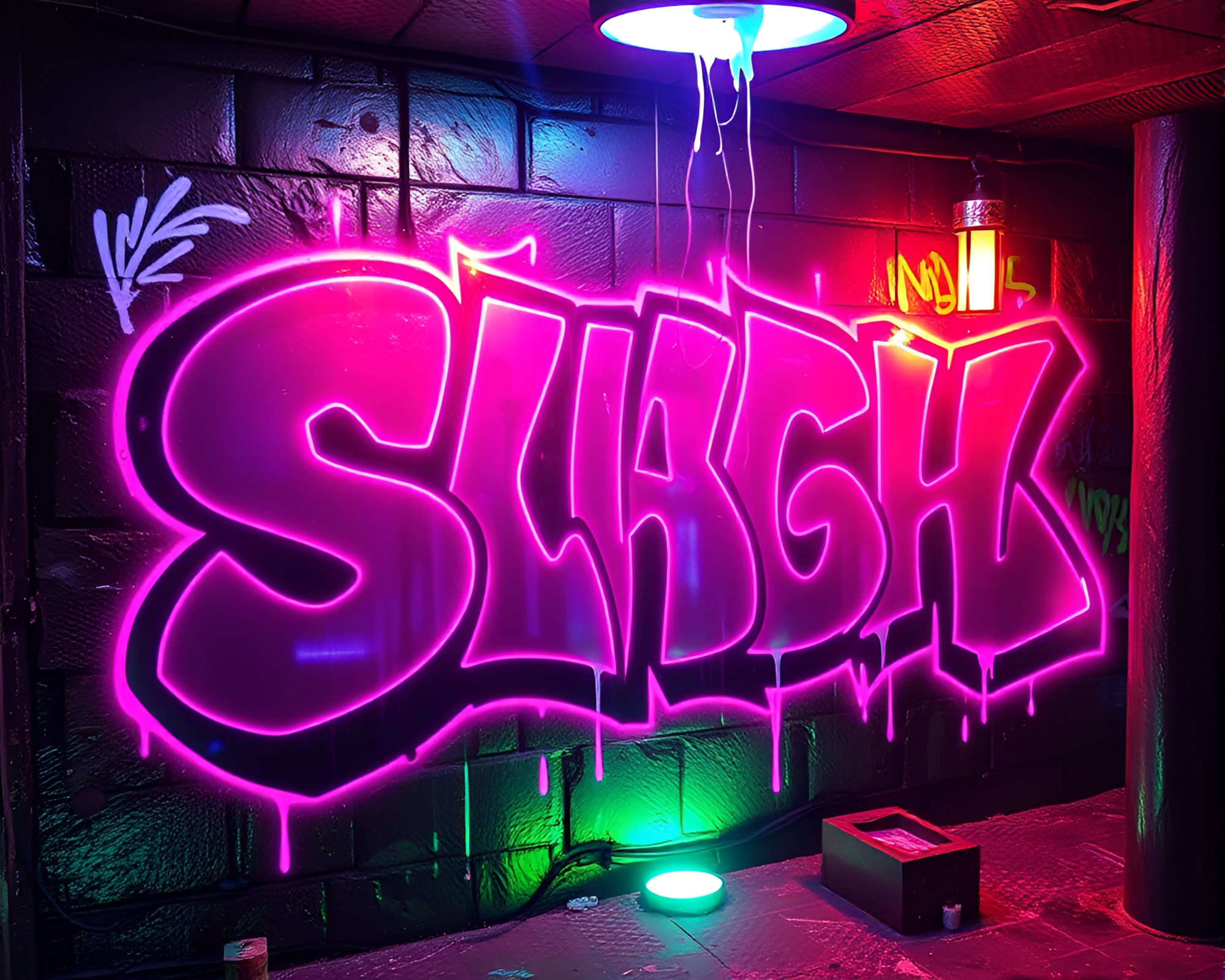 Iridescent soap bubbles in dungeon with neon graffiti – free AI stock image