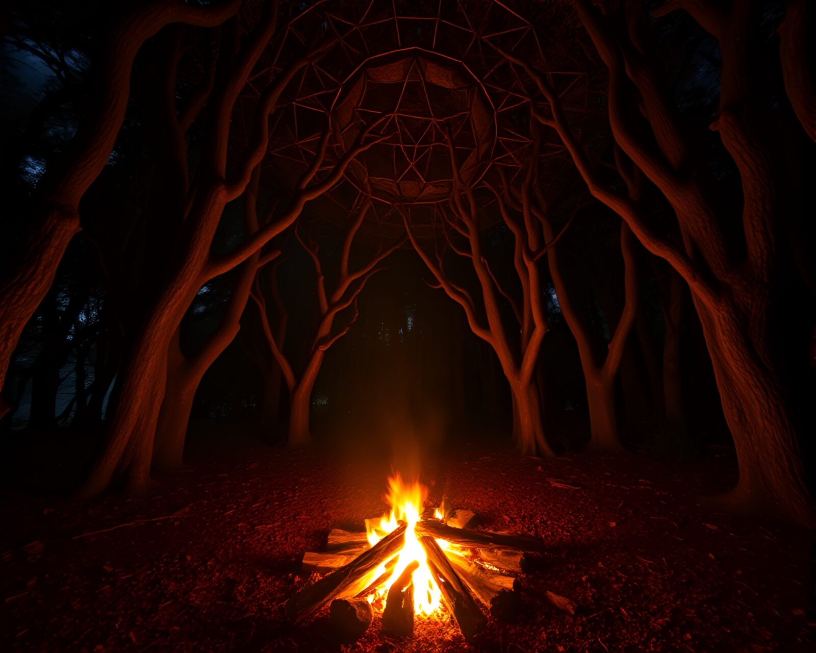 Double exposure photo of geometric patterns in ancient grove