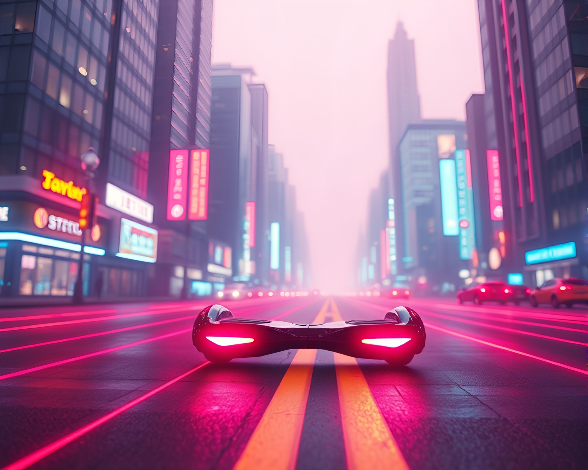 Futuristic Hoverboard Trail Through Neon City Streets – free AI stock image