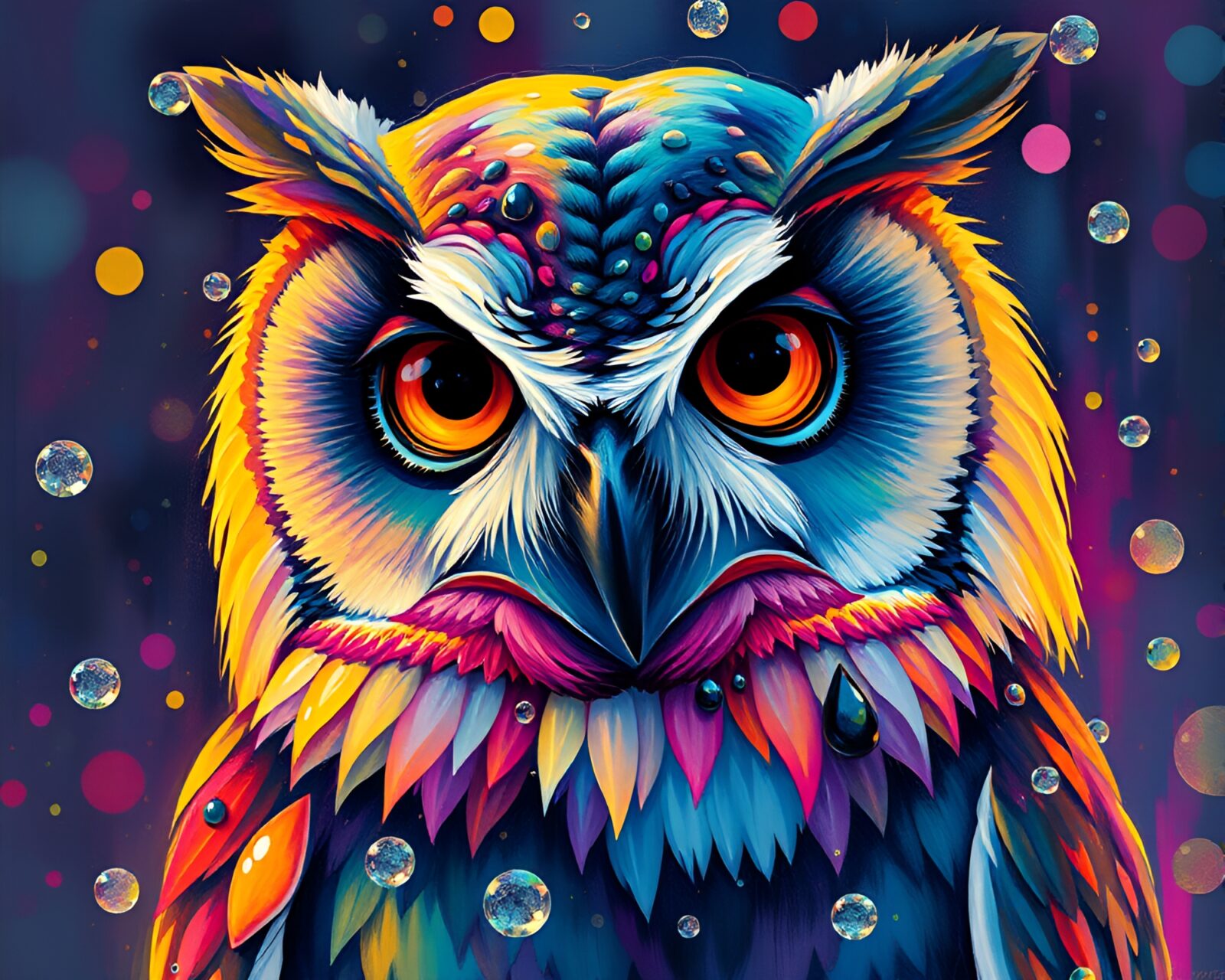 Vibrant art piece of owl amidst neon water droplets