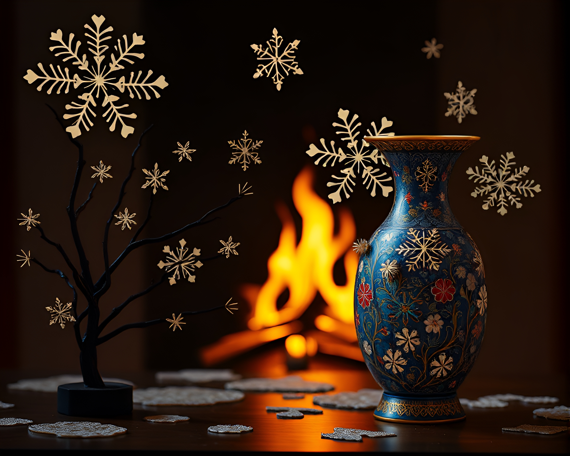 Enchanting Origami Snowflakes in Cloisonné Fireplace Glow – free AI stock image