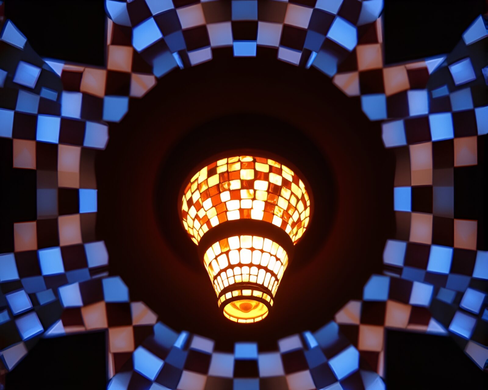 An x-ray style image of a trumpet amidst mosaic lighting