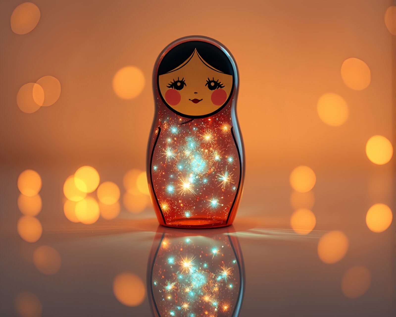 Matryoshka doll reflecting in water with firefly-like glow