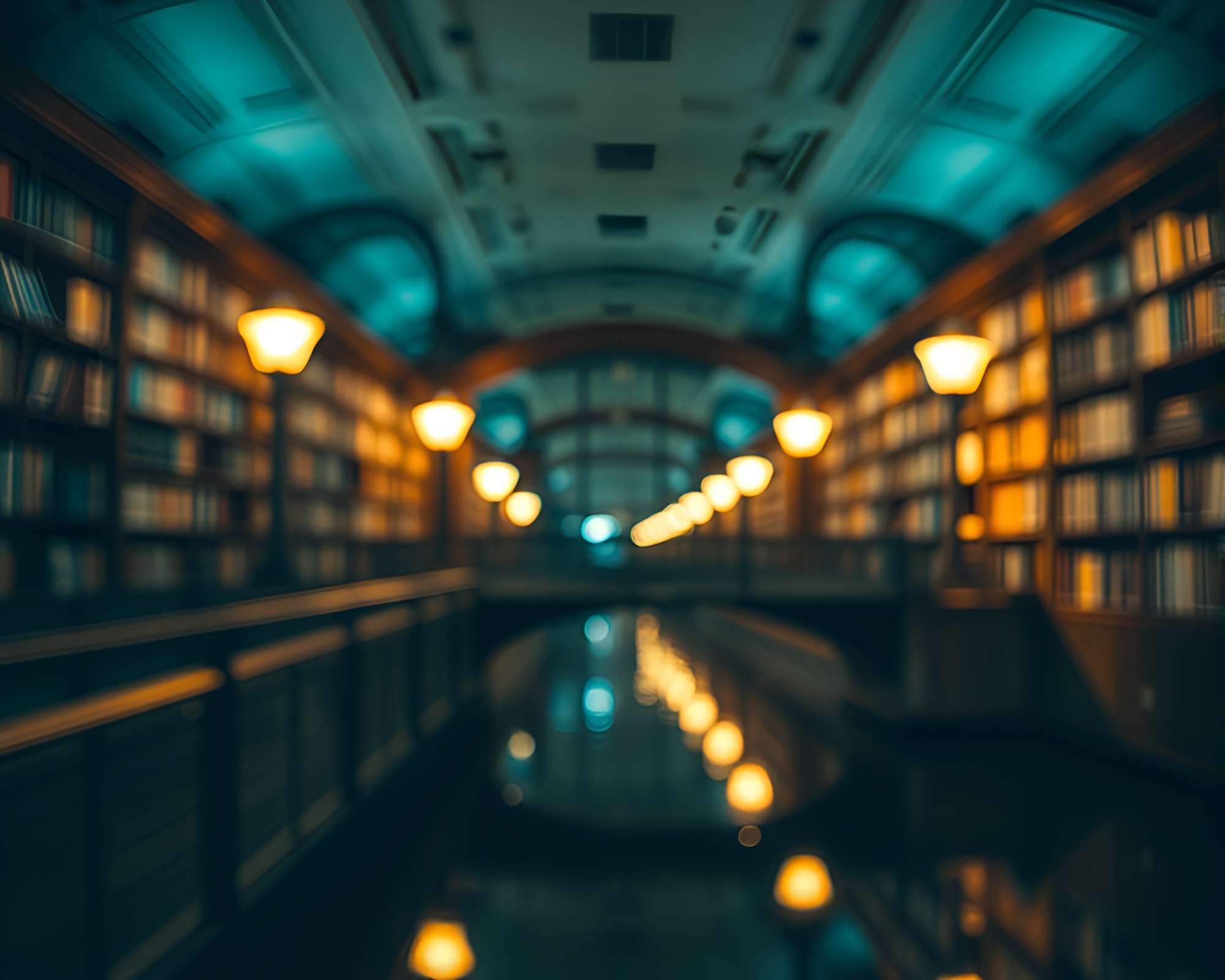 Glass bridge under intricate dot matrix library lamp lighting – free AI stock image