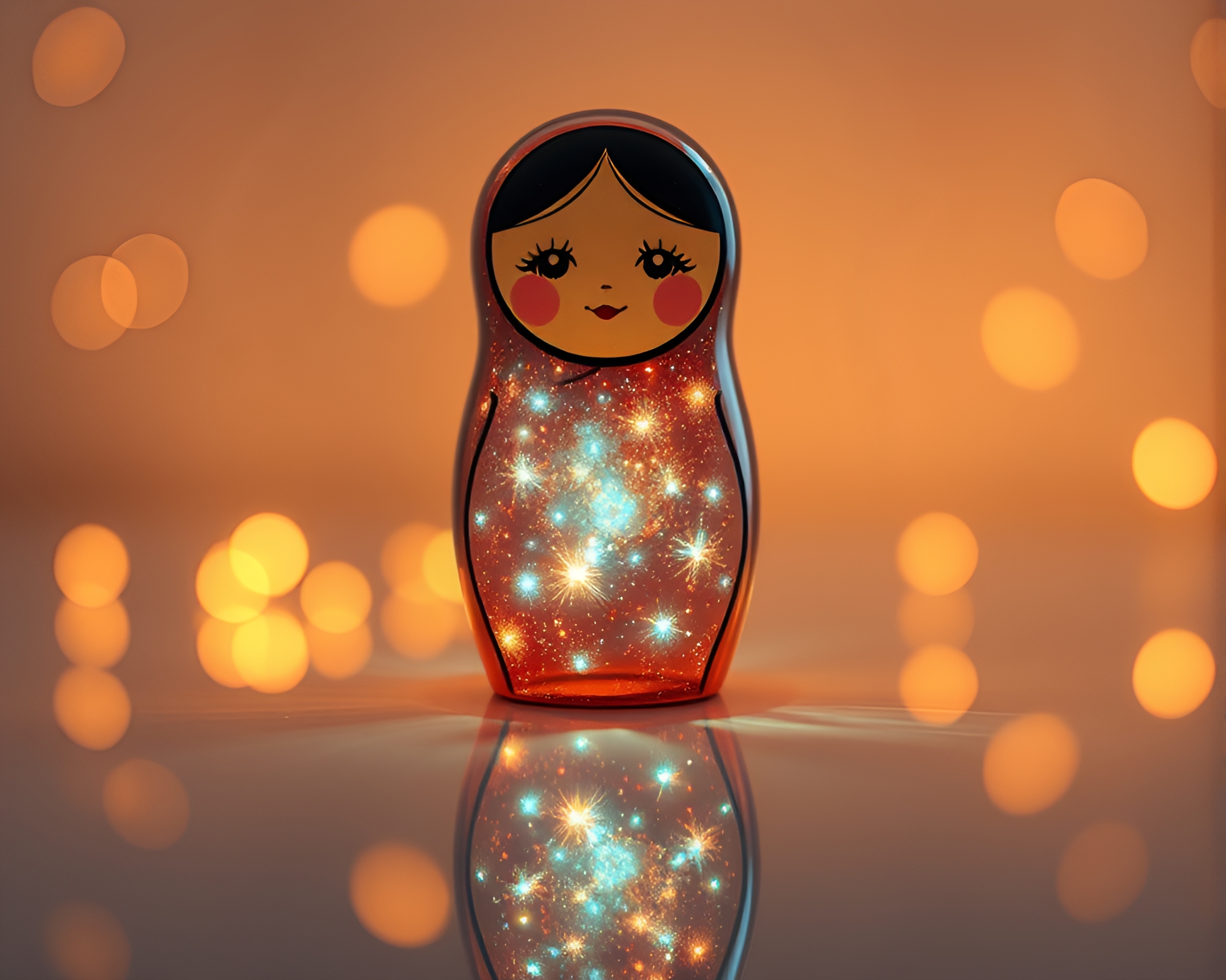 Intriguing Matryoshka Doll Reflections with Firefly Glow – free AI stock image