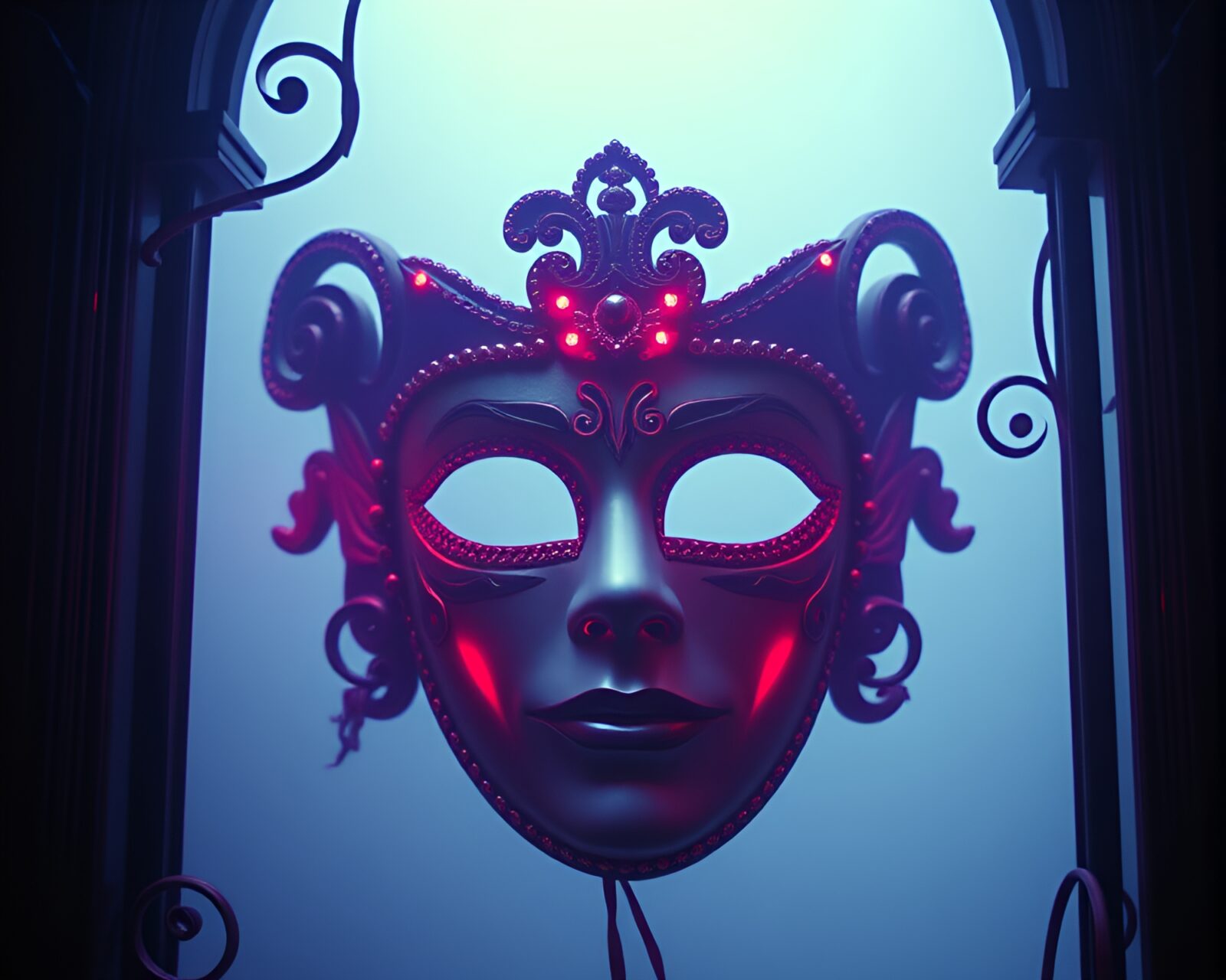 Venetian mask with vintage 80s VHS style in misty haze