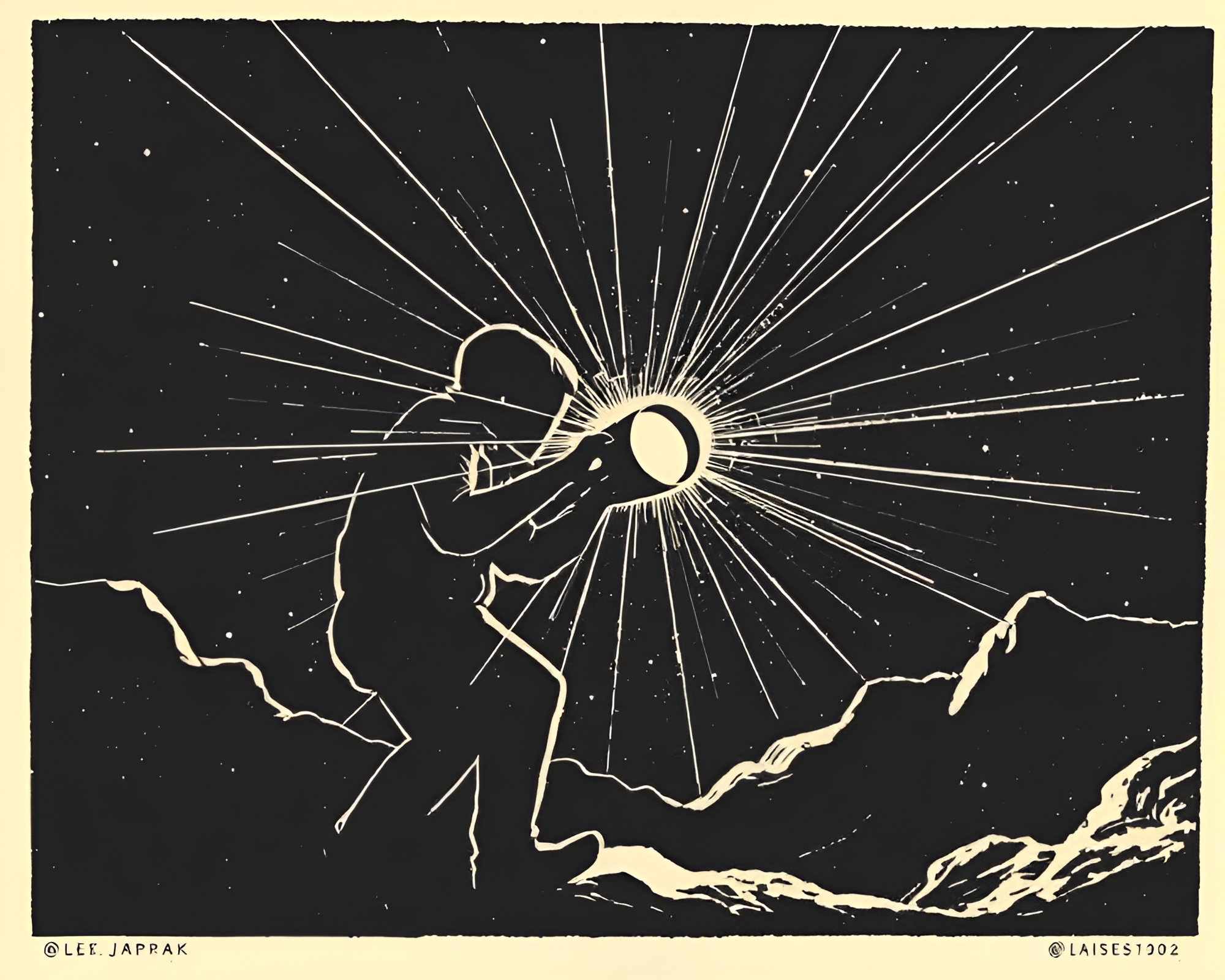 Jetpack Noir: Lens Flare Lino-cut Fantasy Art – free AI stock image