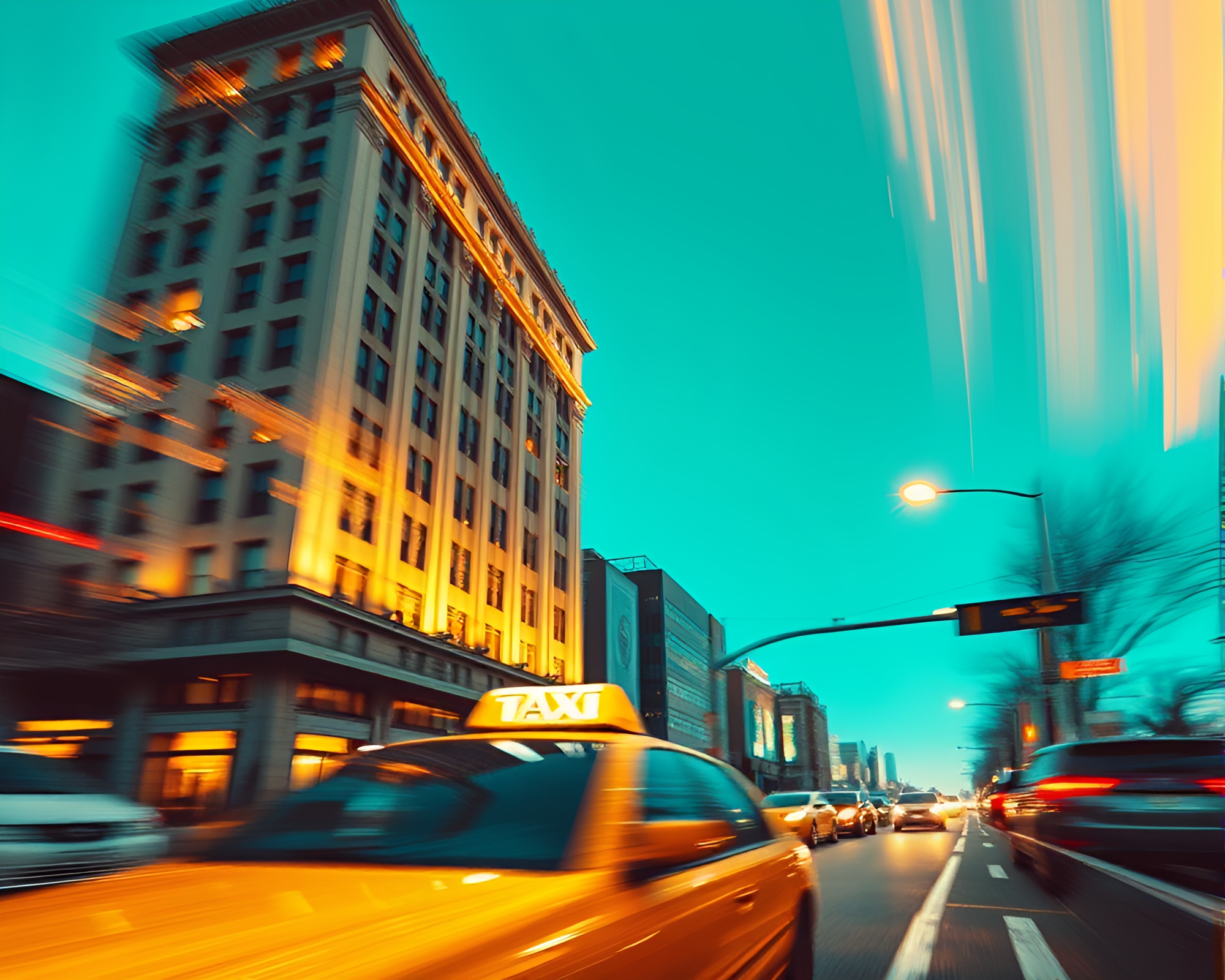 Cityscape Pixel Art: Brutalist Building Taxi Blur Streak – free AI stock image