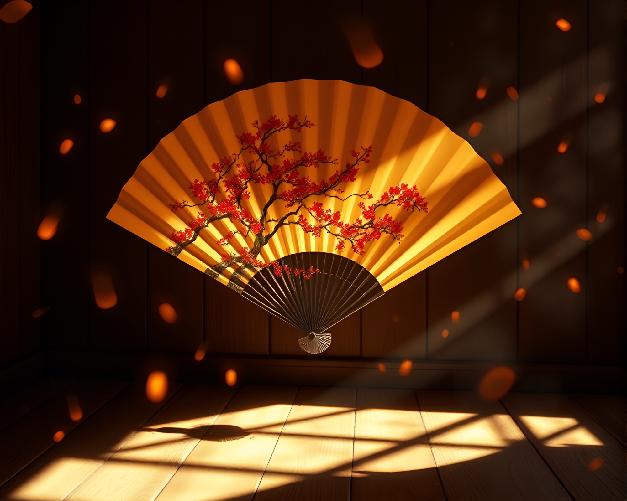 Surreal Hand-Painted Fan with Floating Embers in 3D – free AI stock image