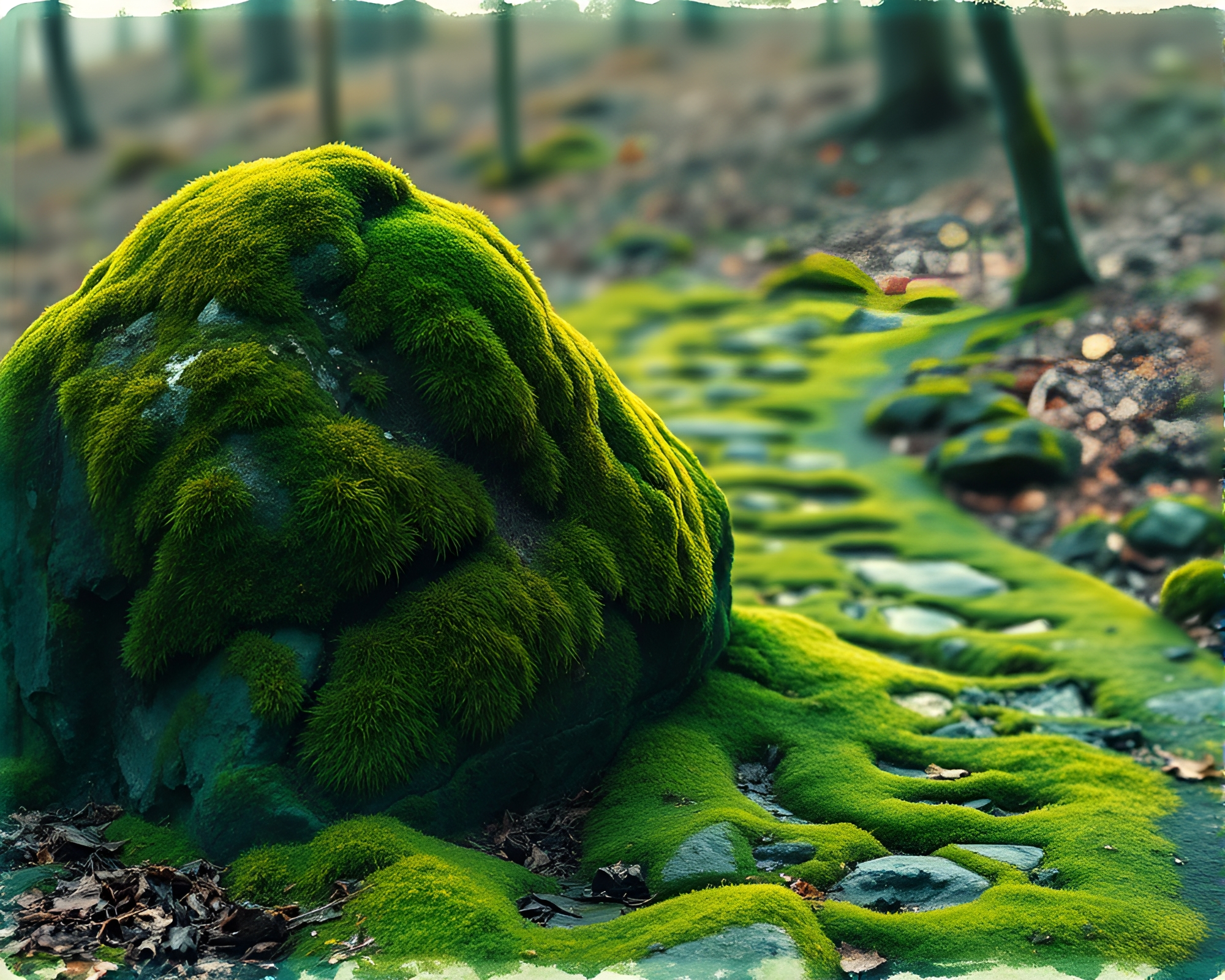 Moss-Covered Rock with Ink Splashes in Triadic Colors – free AI stock image