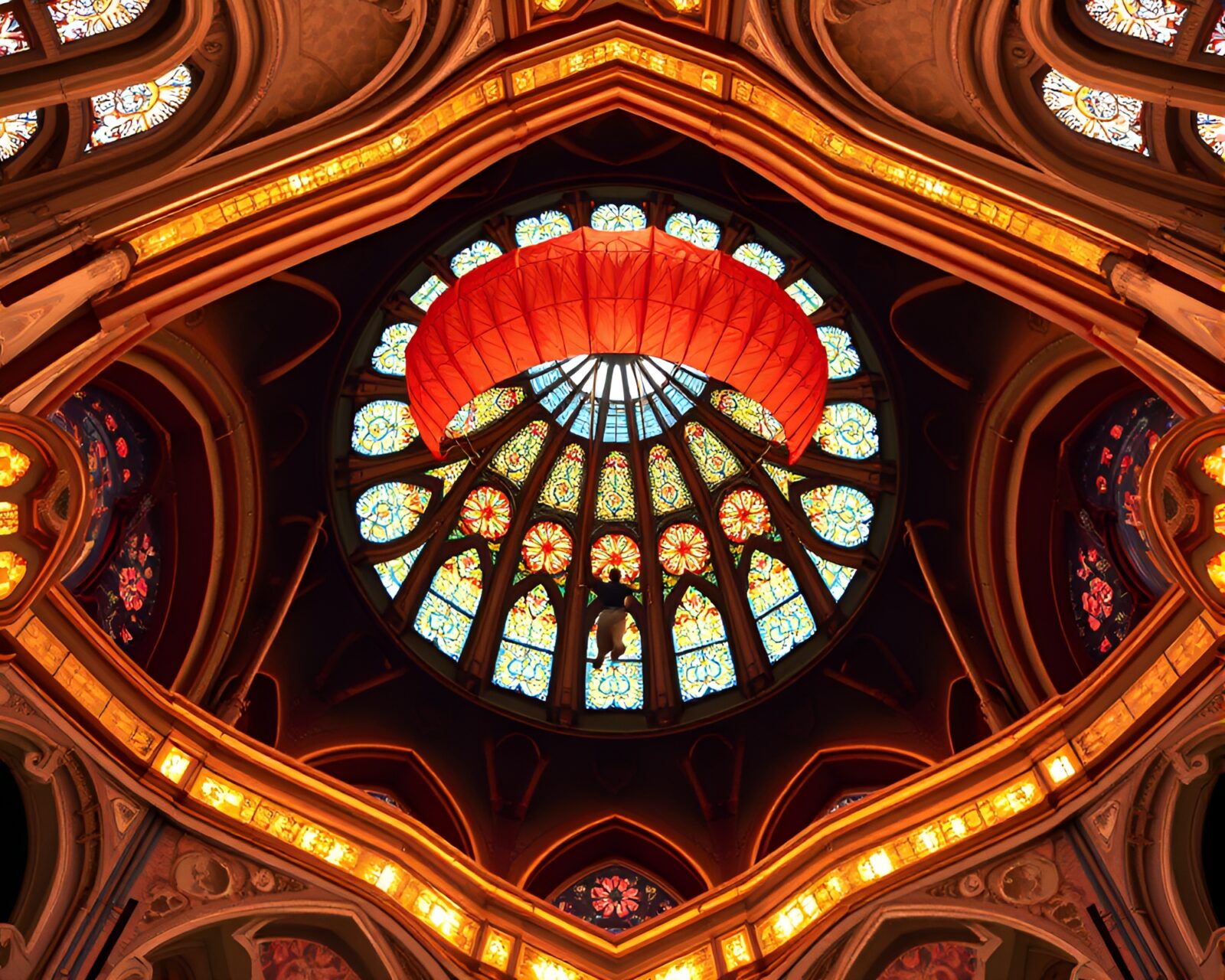 Photorealistic image of a parachutist framed by stained glass