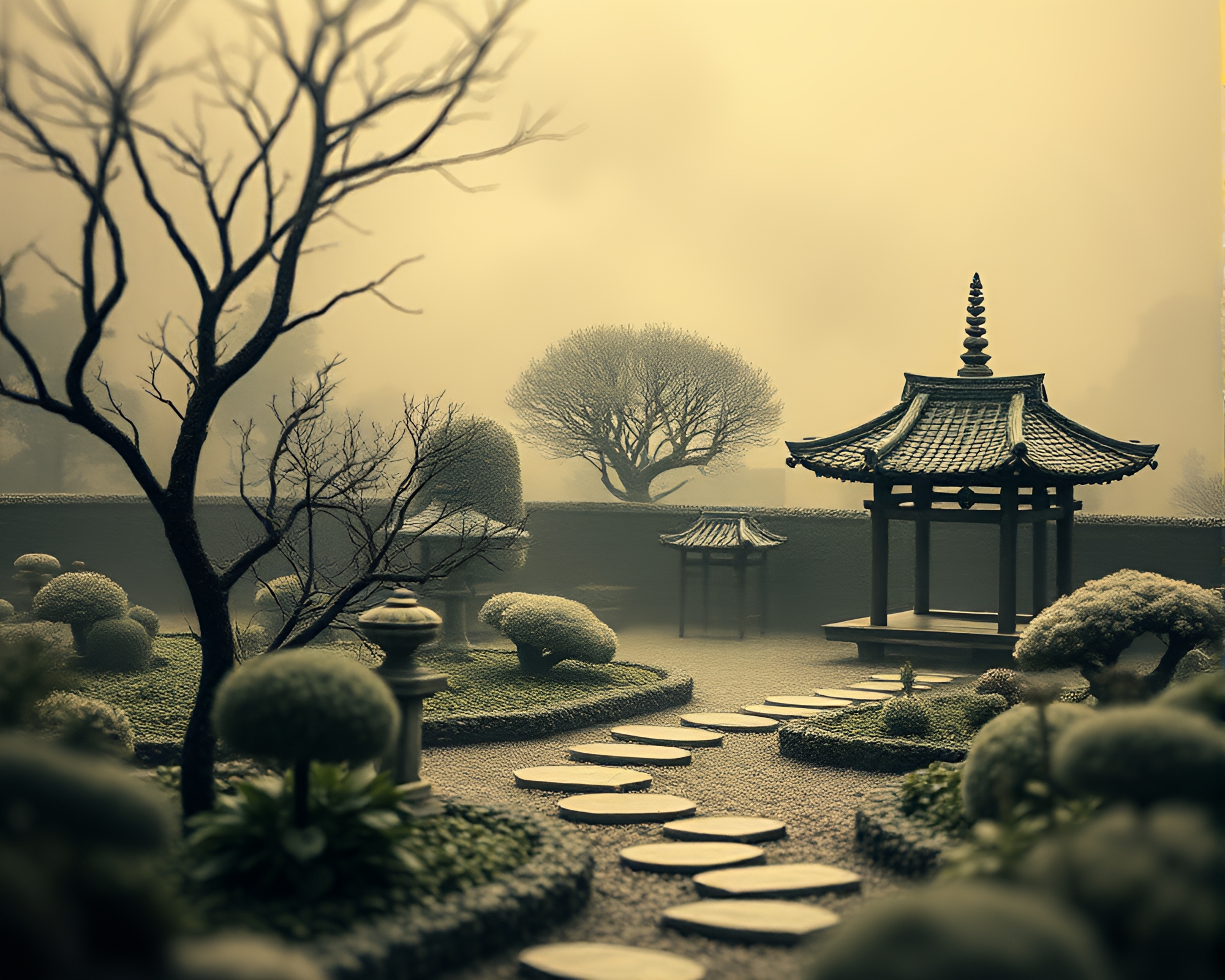 Zen Garden Serenity: Tilt-Shift Smoky Linocut Landscape – free AI stock image