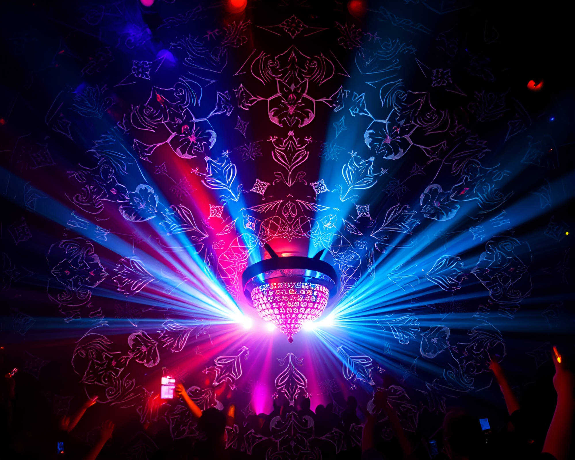 Engraved Kaleidoscope Collage under Strobe Lights – free AI stock image