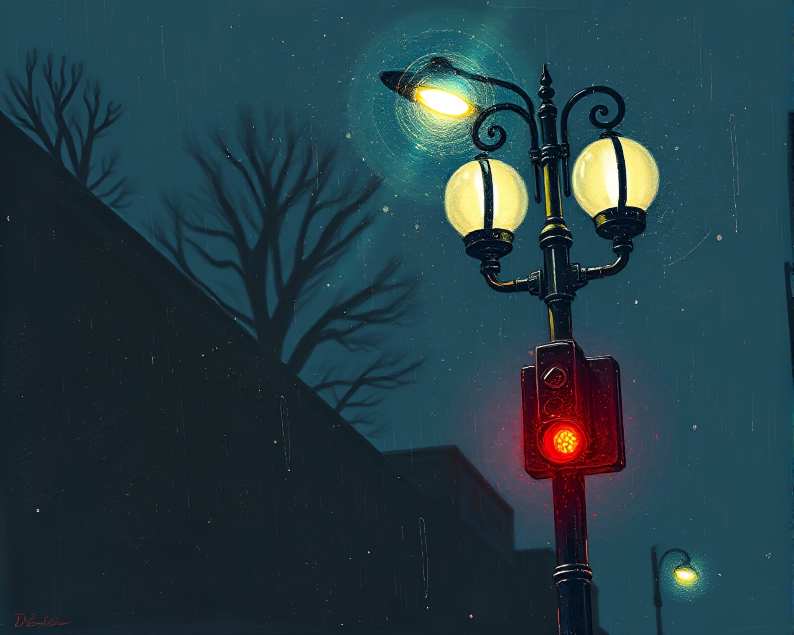 Detailed artistic depiction of cyborg under streetlamp glow