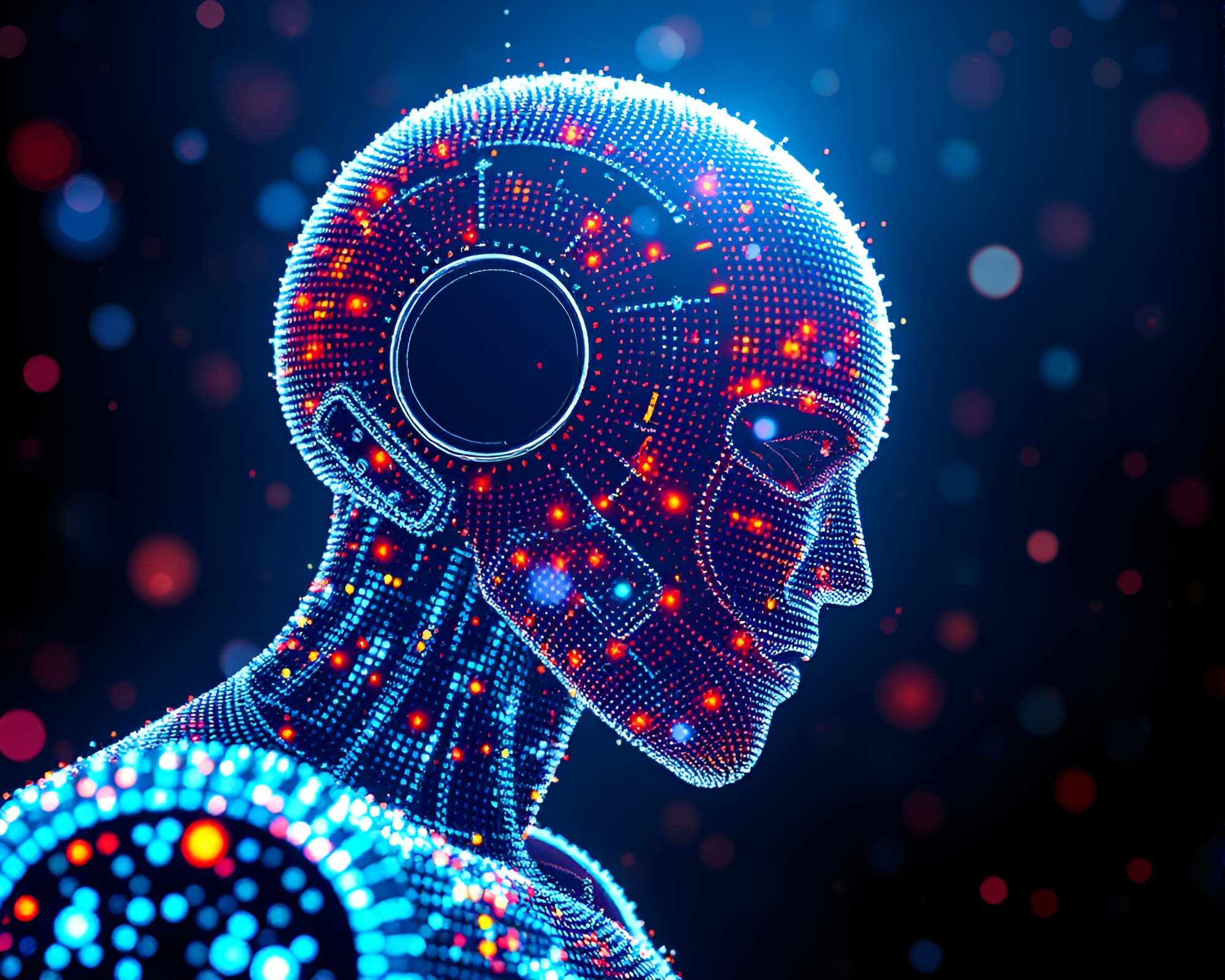 Futuristic Robot Data Visualization in Pointillist Confetti Colors – free AI stock image
