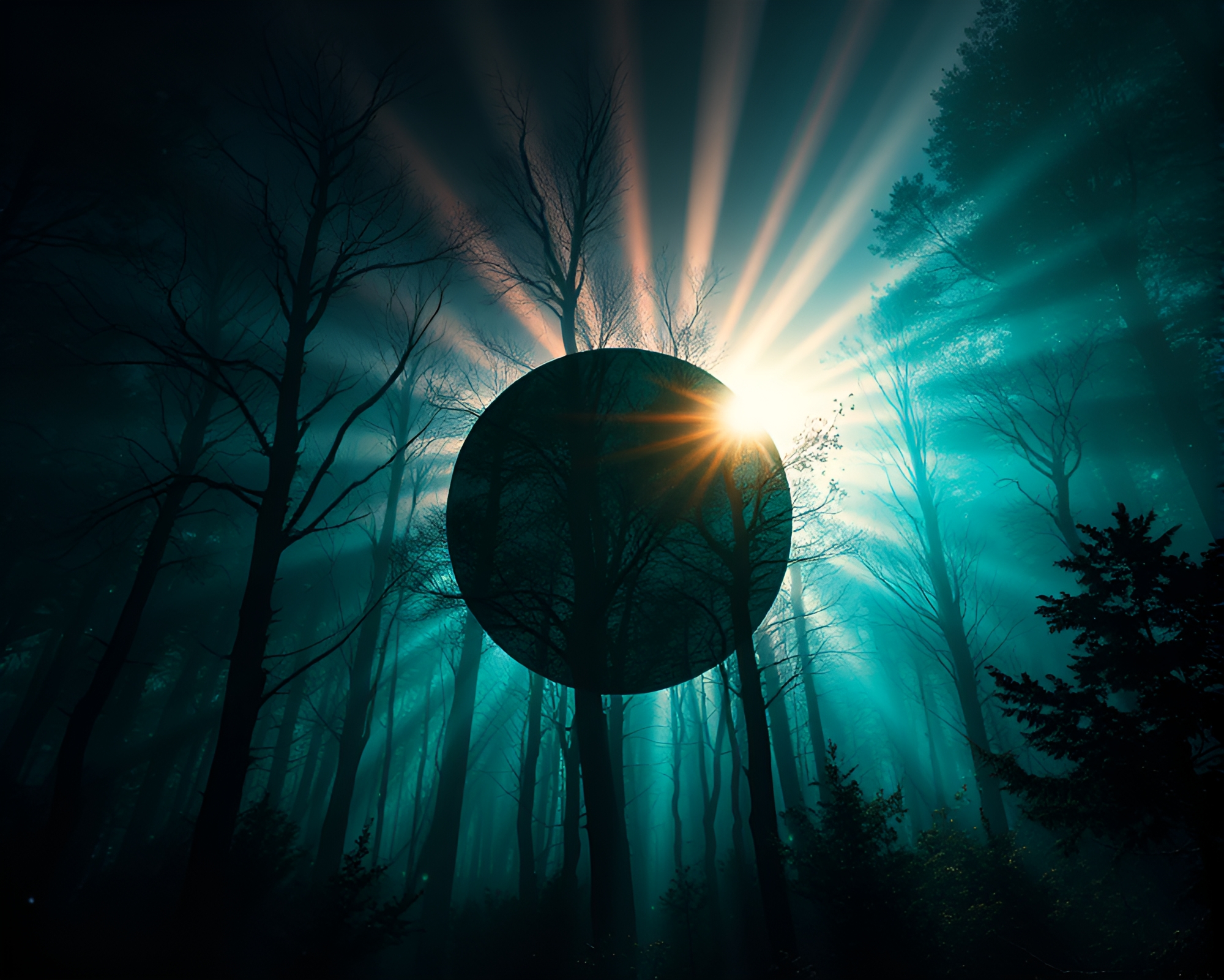 Bioluminescent Forest in Dystopian Sunburst – free AI stock image