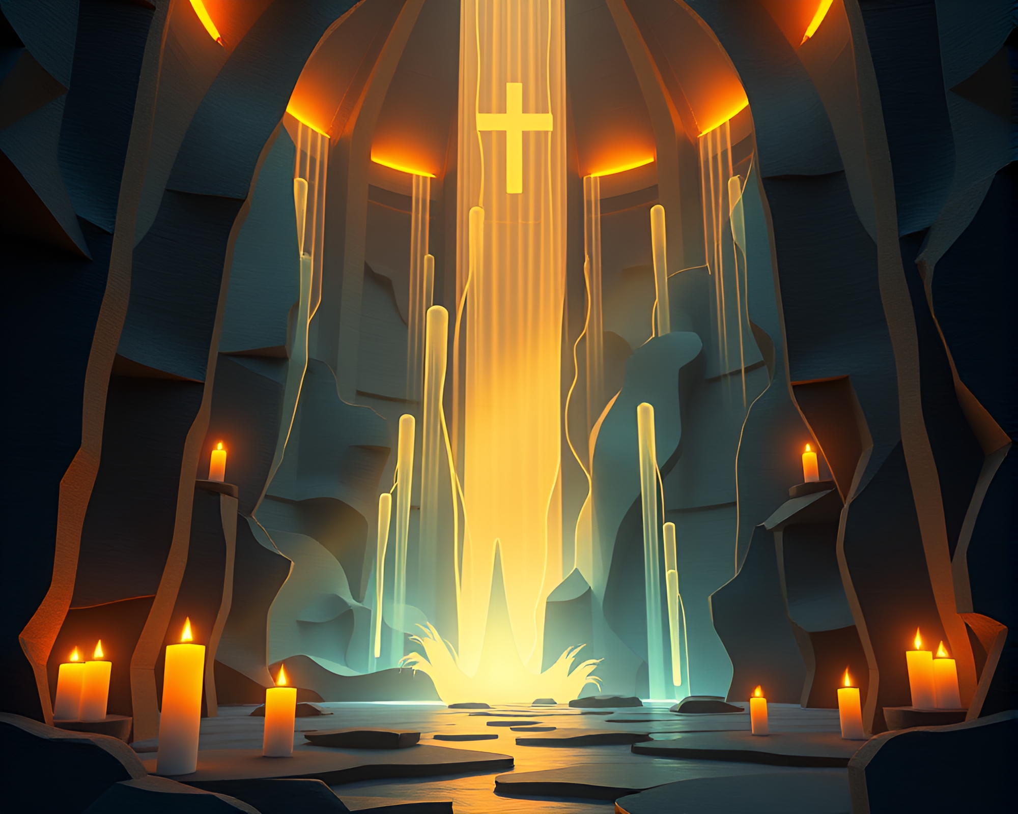 Futuristic Waterfall Illuminated by Church Candlelight – free AI stock image