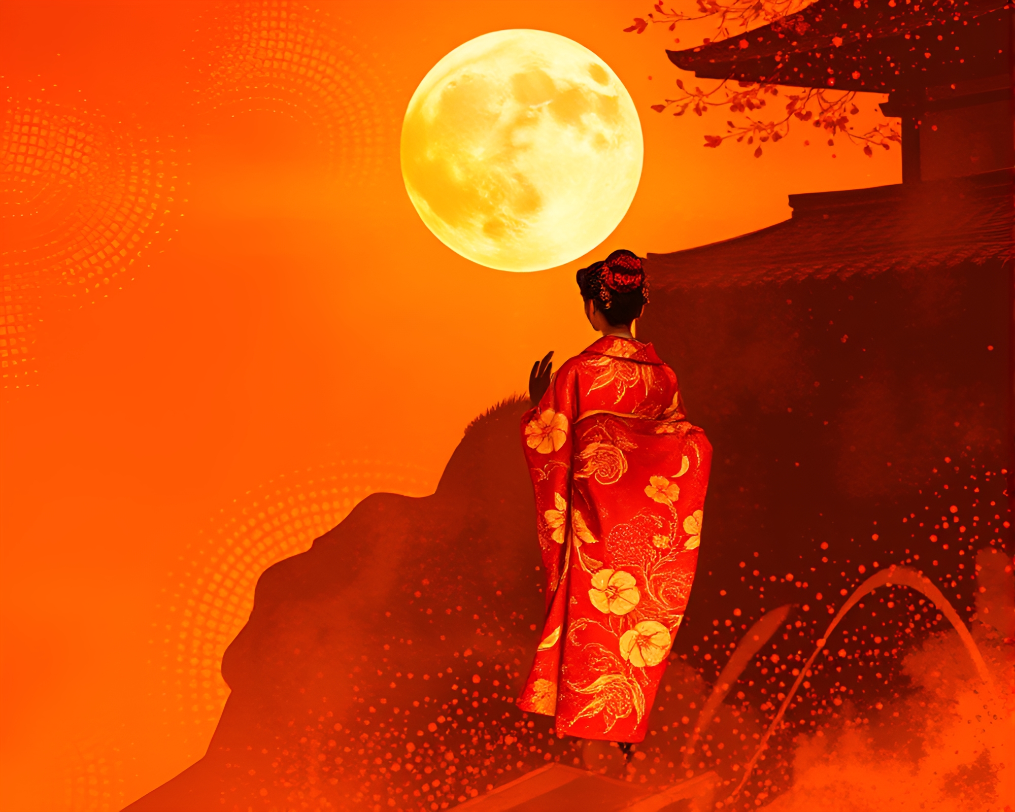 Vector Halftone Silk Kimono with Burnt Orange Warmth – free AI stock image
