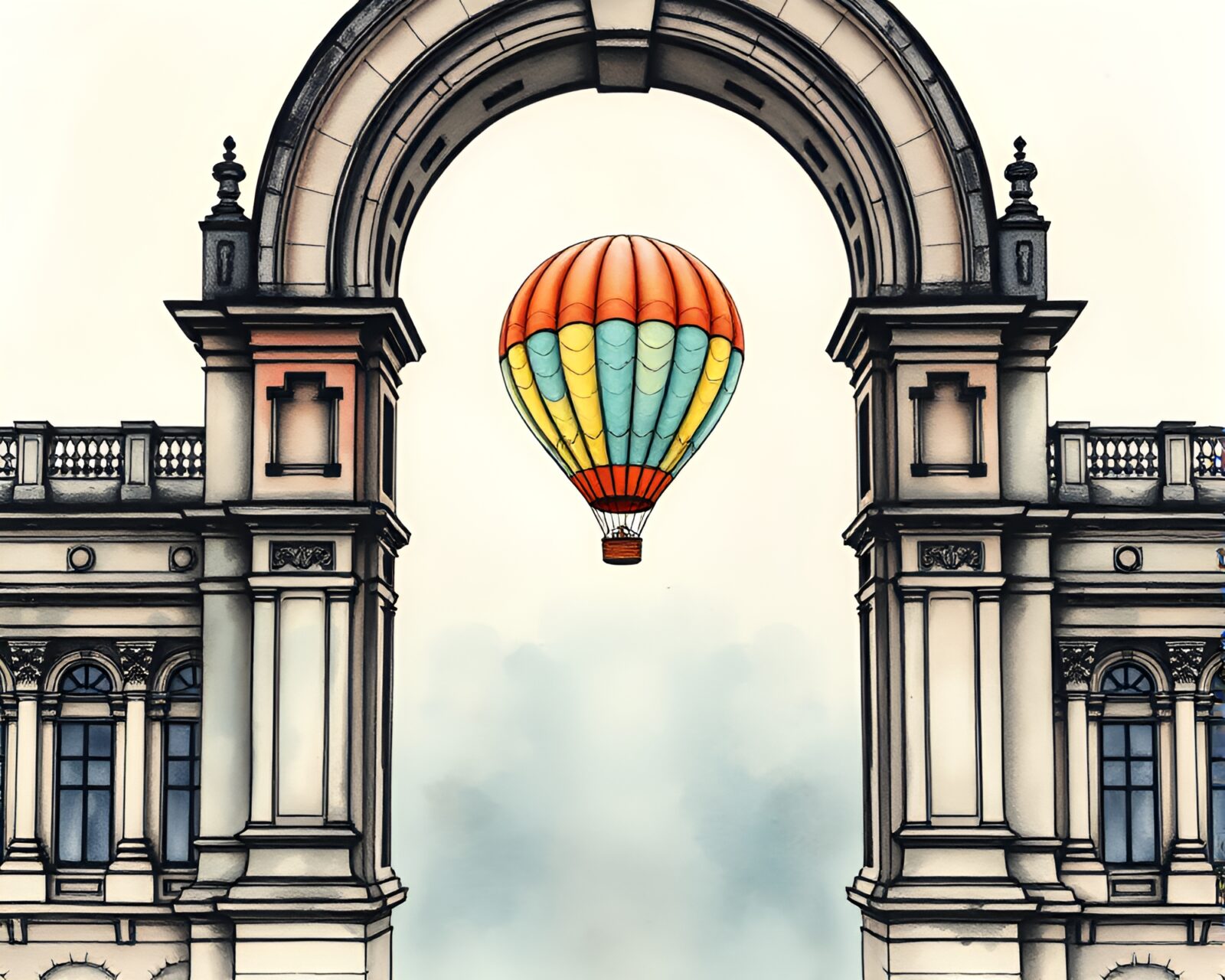 Serene hot air balloon floating above ink wash city