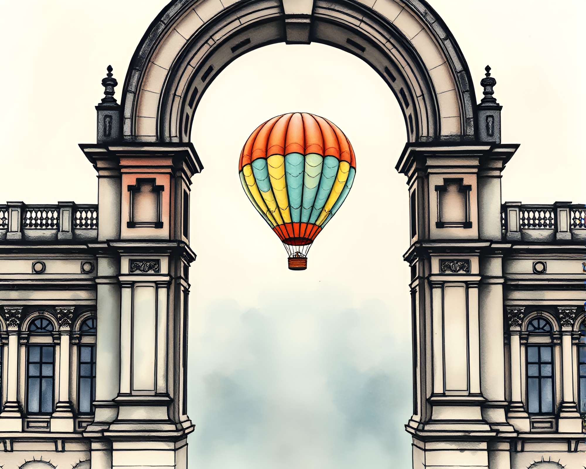 Muted Pastel Hot Air Balloon Over Ink Wash Cityscape – free AI stock image