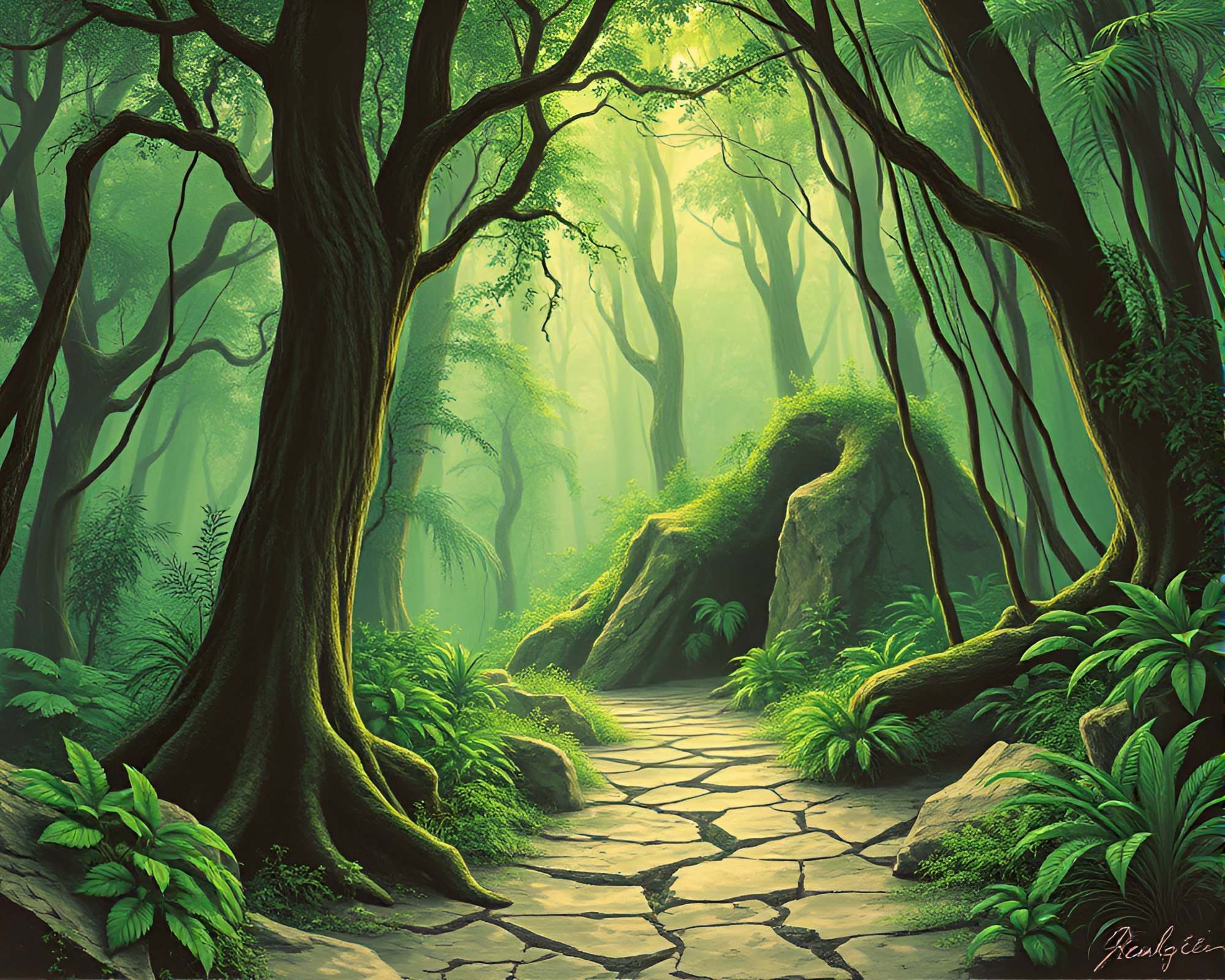 Cracked Earth Jungle: Enchanted Forest 80s VHS Style – free AI stock image