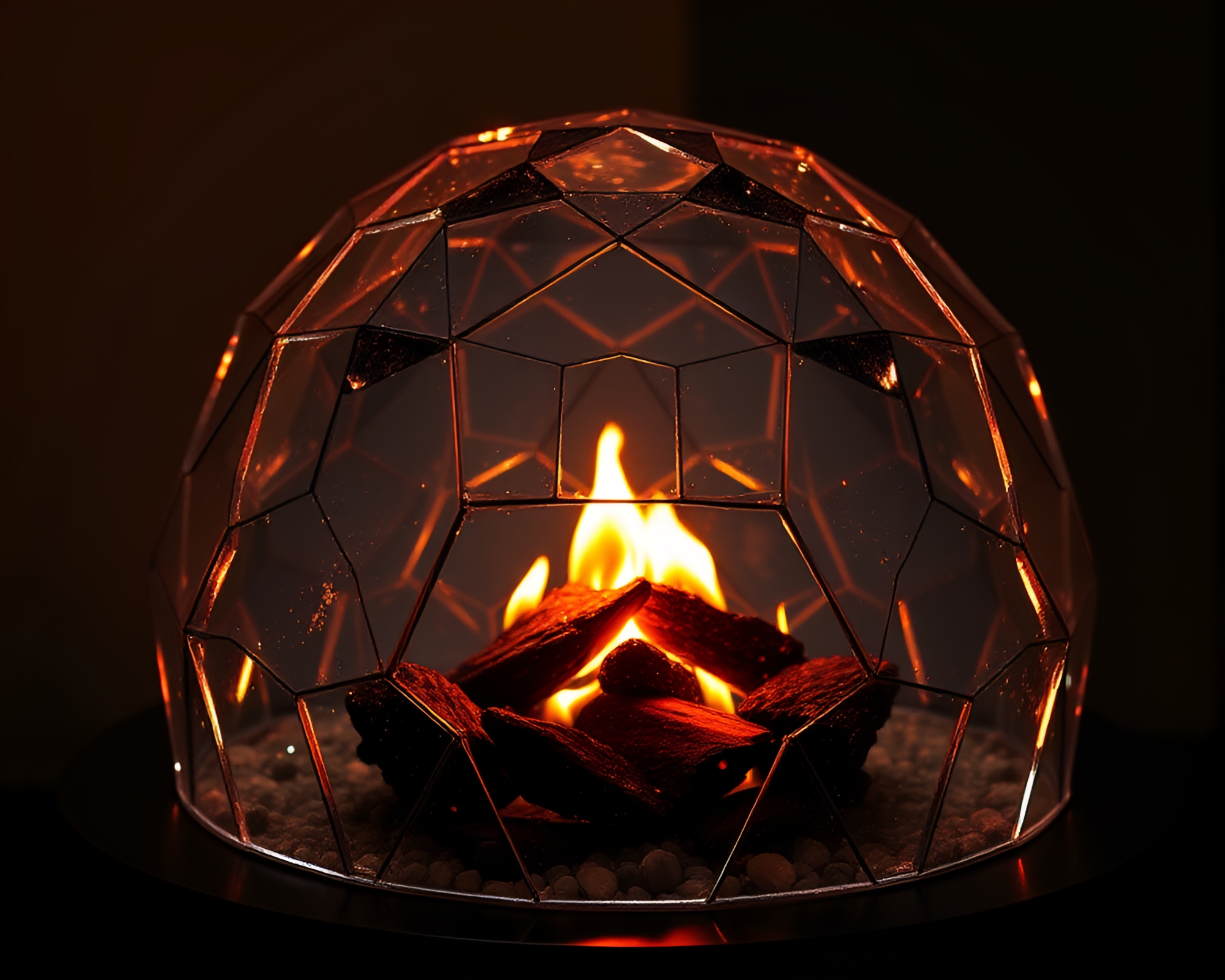 Serenity Glass Igloo: Geometric Fireplace Glow – free AI stock image