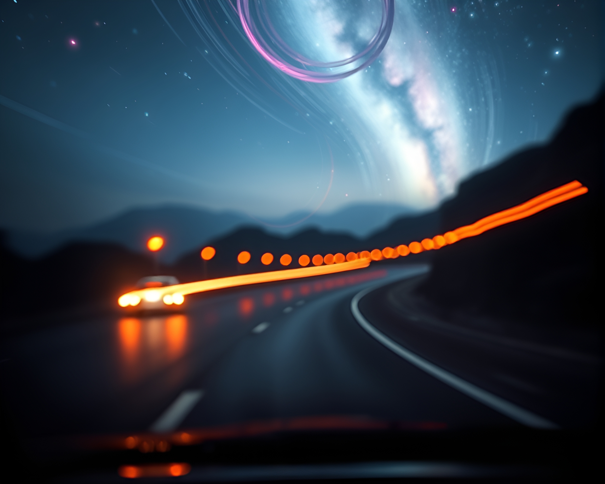 Mermaid in Planetary Pastel Car Light Trails – free AI stock image