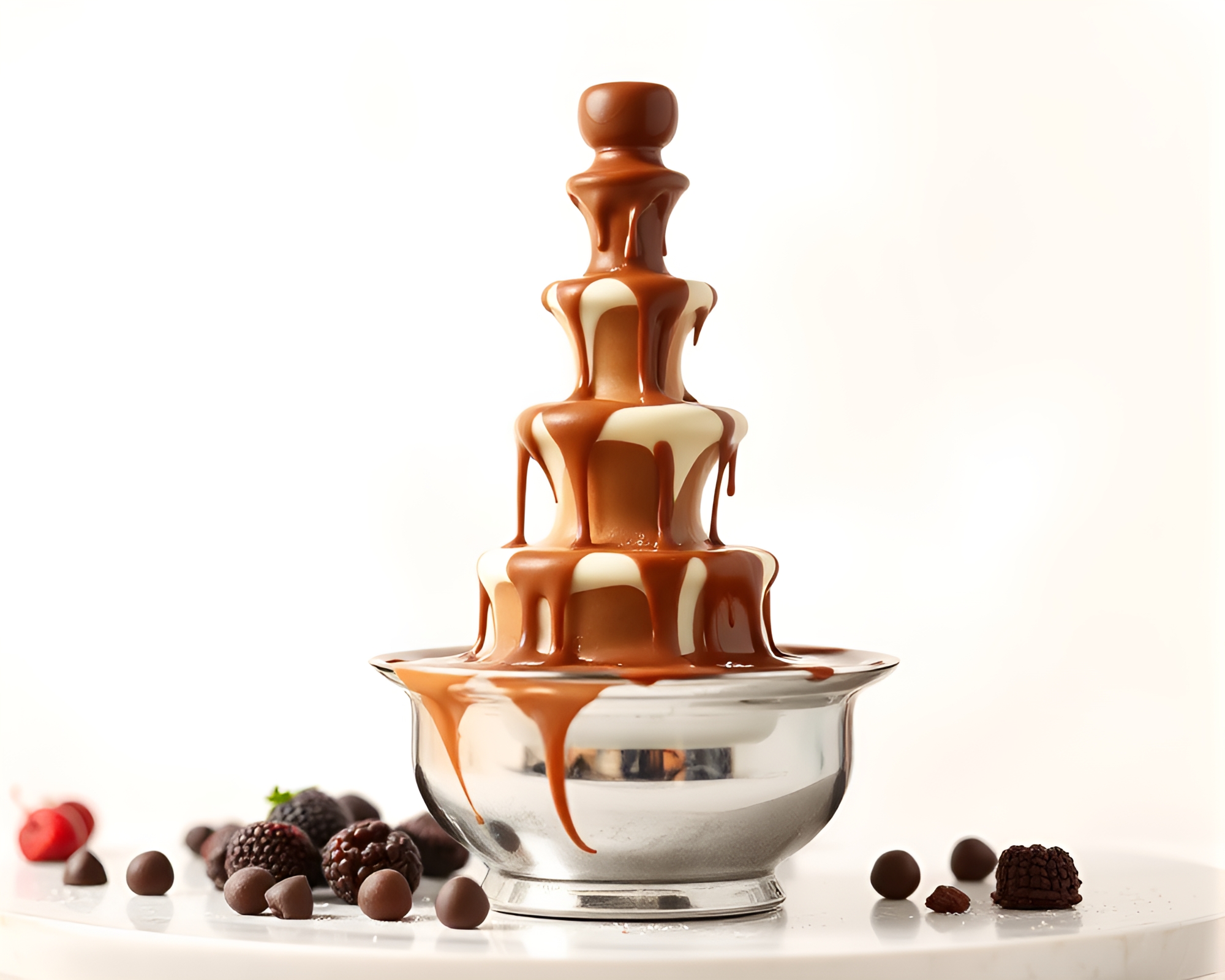 Whimsical Chocolate Fountain Cascade in Soft Focus Ivory Setting – free AI stock image