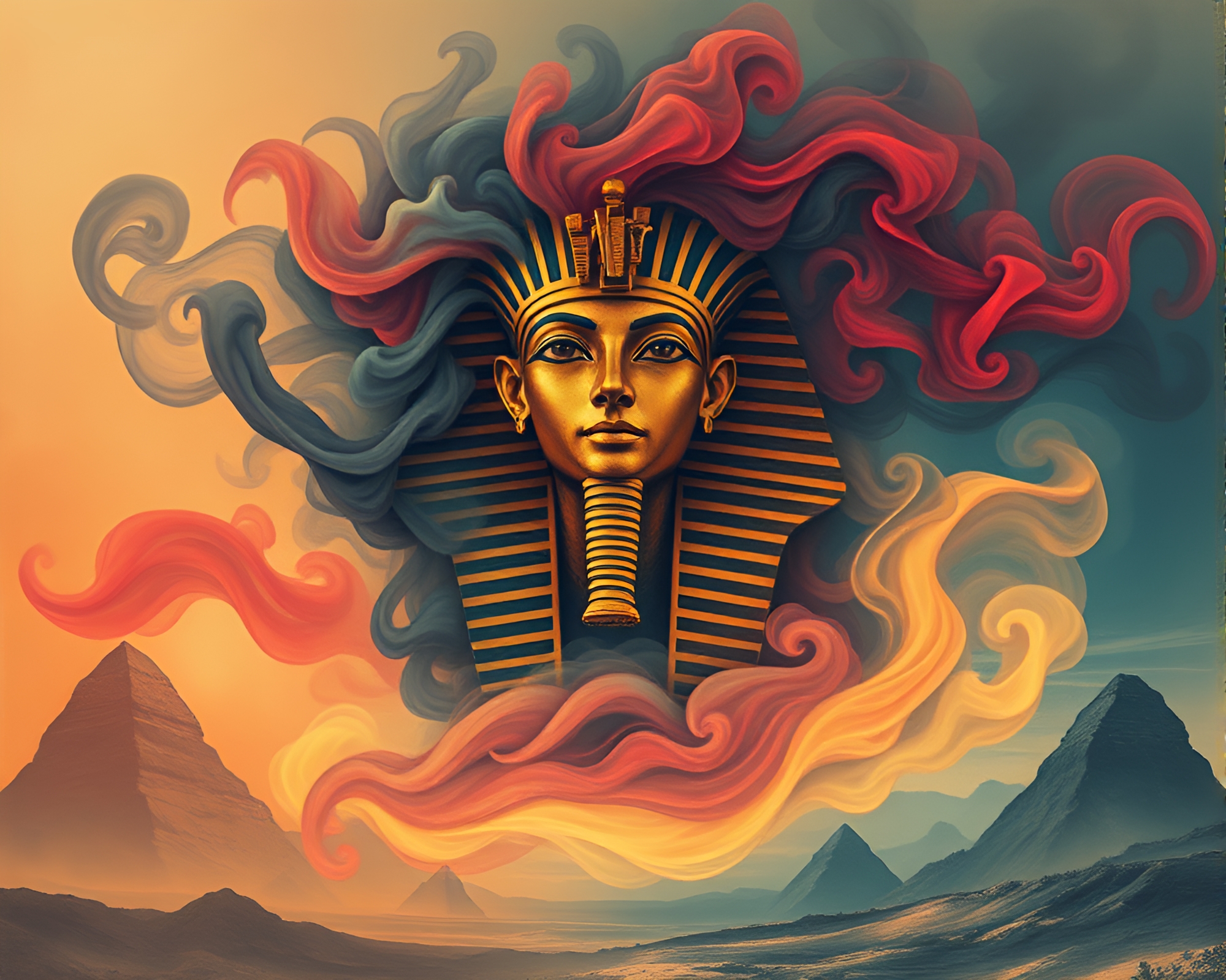Pharaoh’s Mask amidst Smoke Plume Swirl – free AI stock image