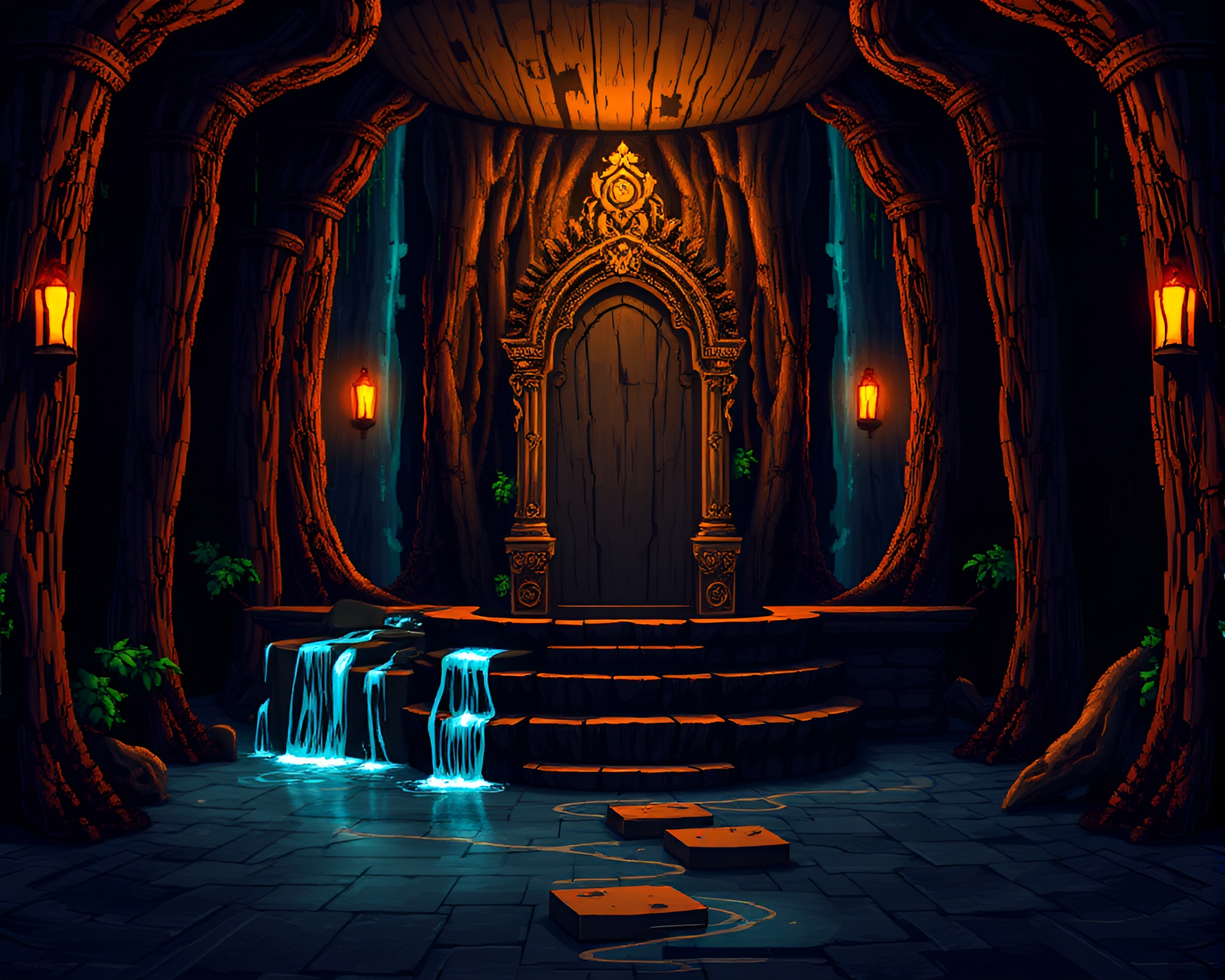Retro Pixel Art Waterfall in Throne Room Glow – free AI stock image