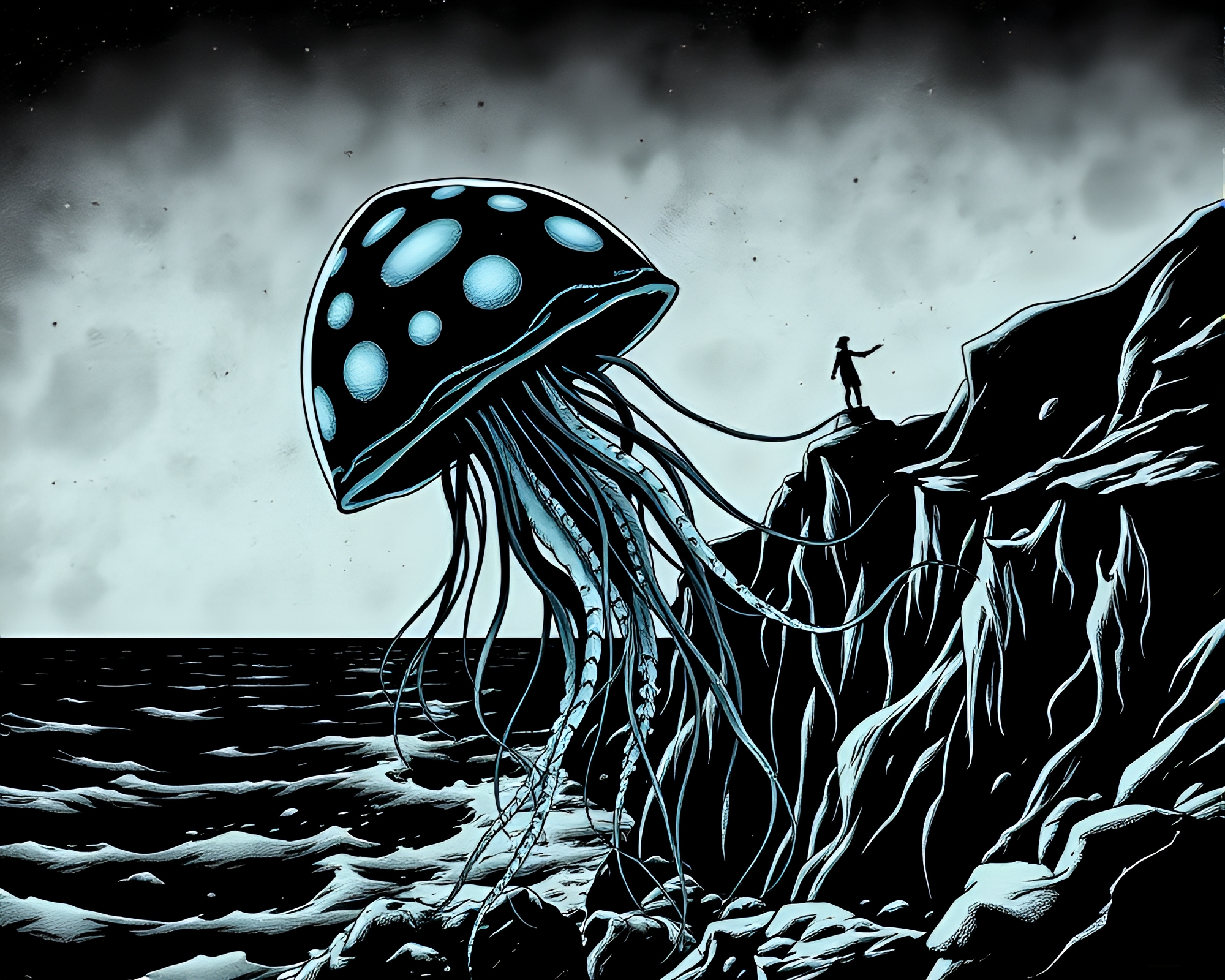 Bioluminescent jellyfish on shadowy cliffside in comic book style – free AI stock image