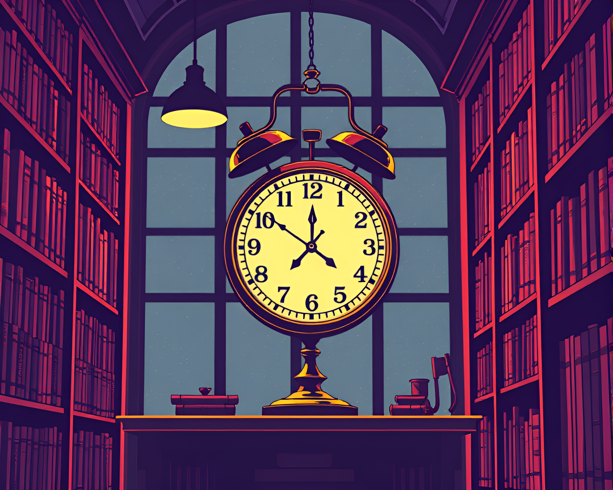 Chrono Clock Fashion Illustration in Library Lamp Light – free AI stock image