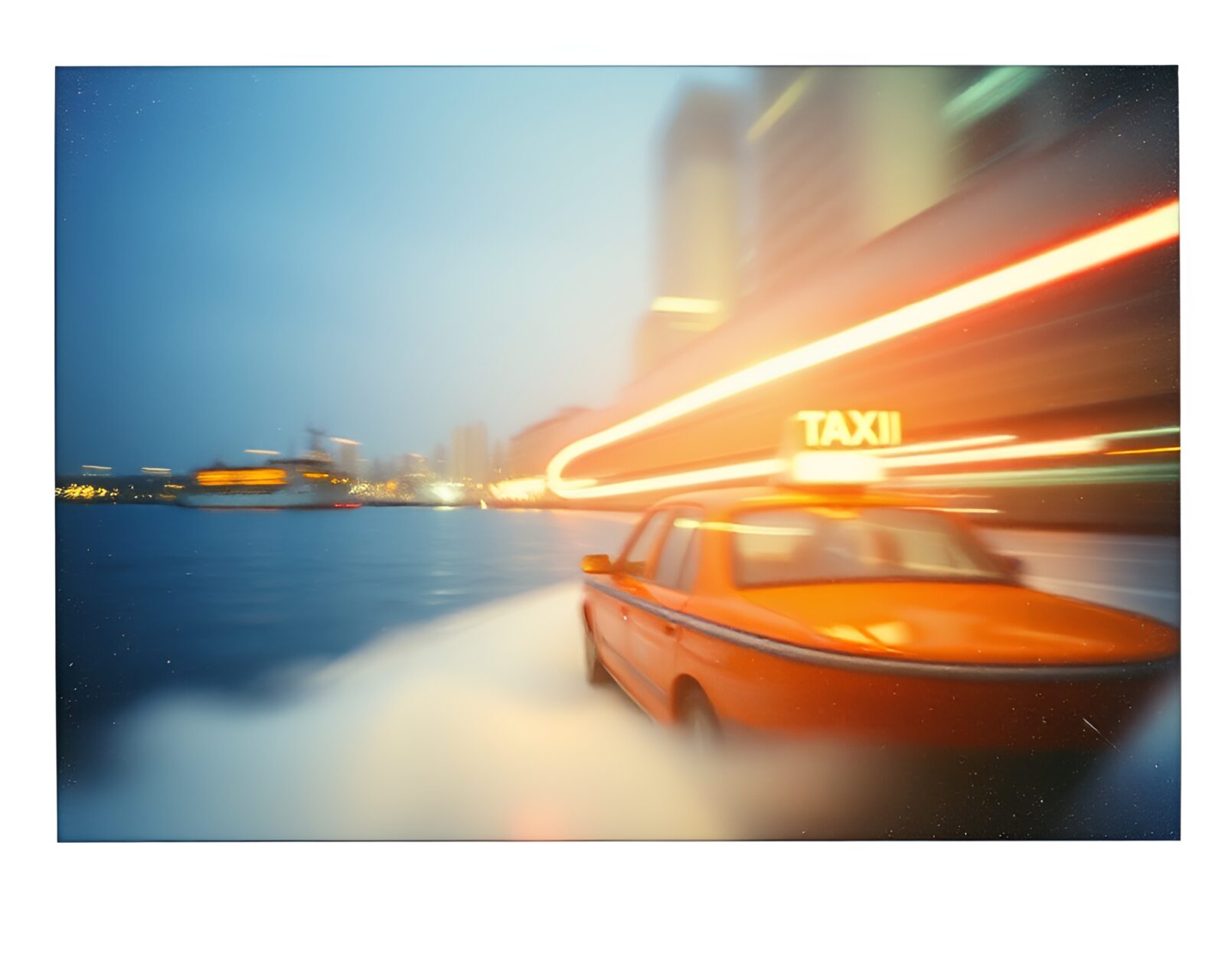 Polaroid frame captures shimmering hydrofoil and taxi blur streak