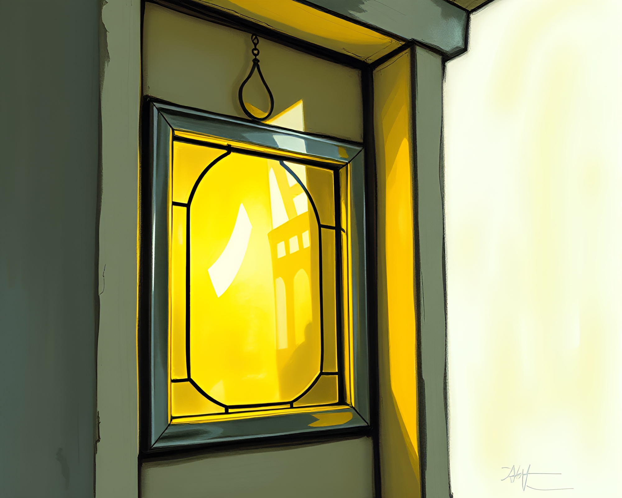 Lemon Yellow Stained-Glass Window with Chrome Reflections – free AI stock image