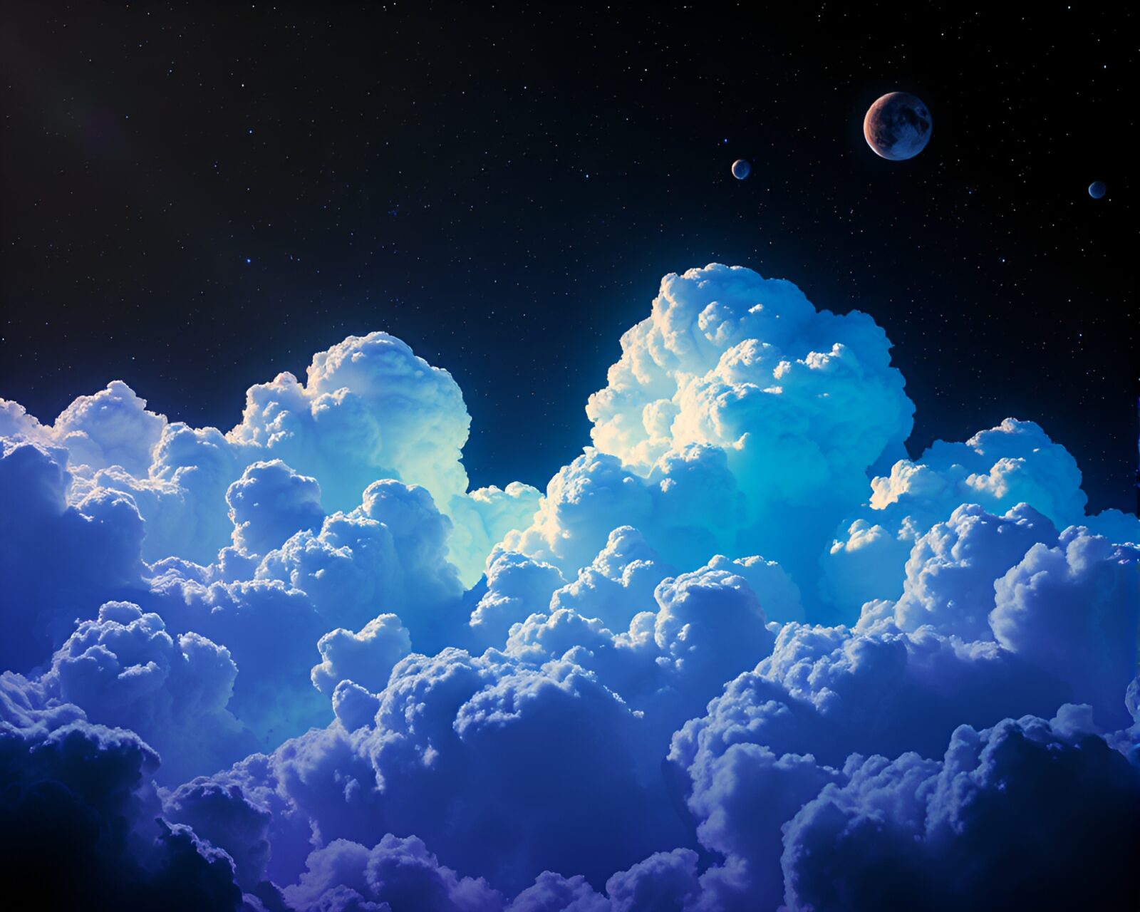 Whimsical space station against vibrant cloud-filled sky.