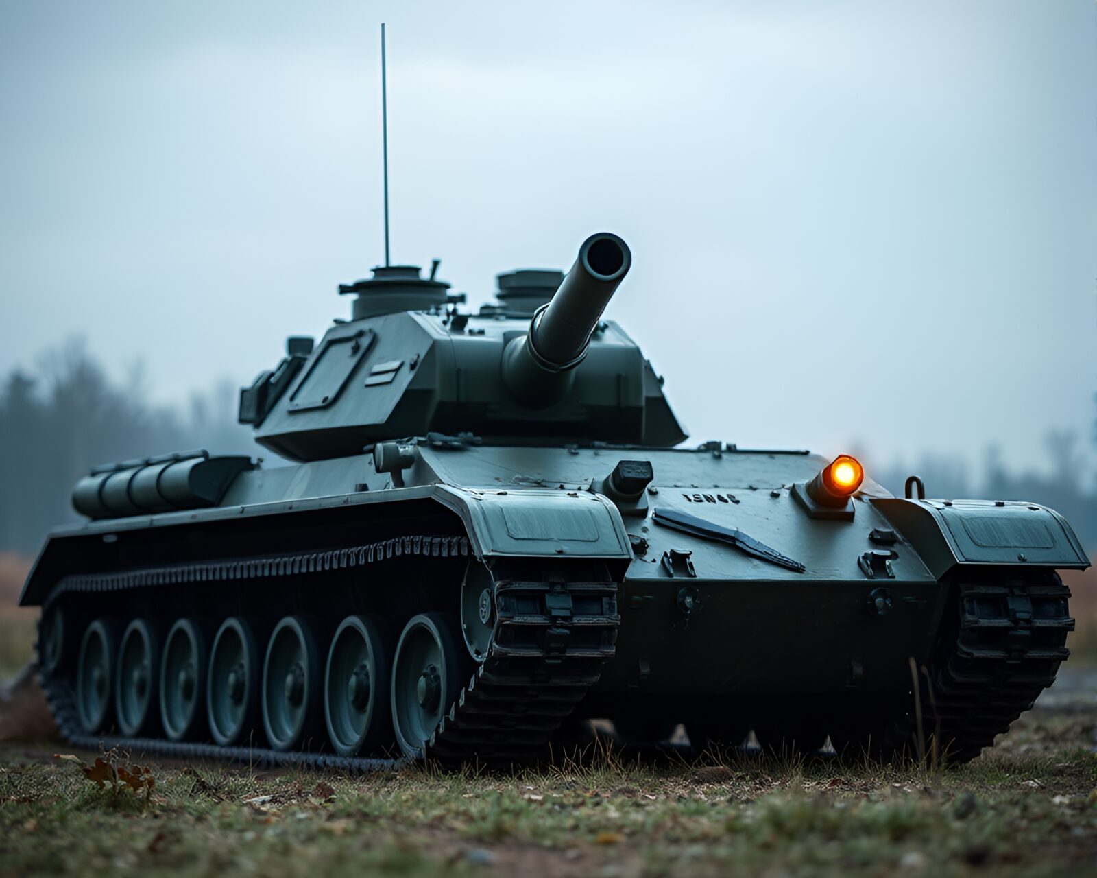 Off-centered armored tank glowing in holographic colors