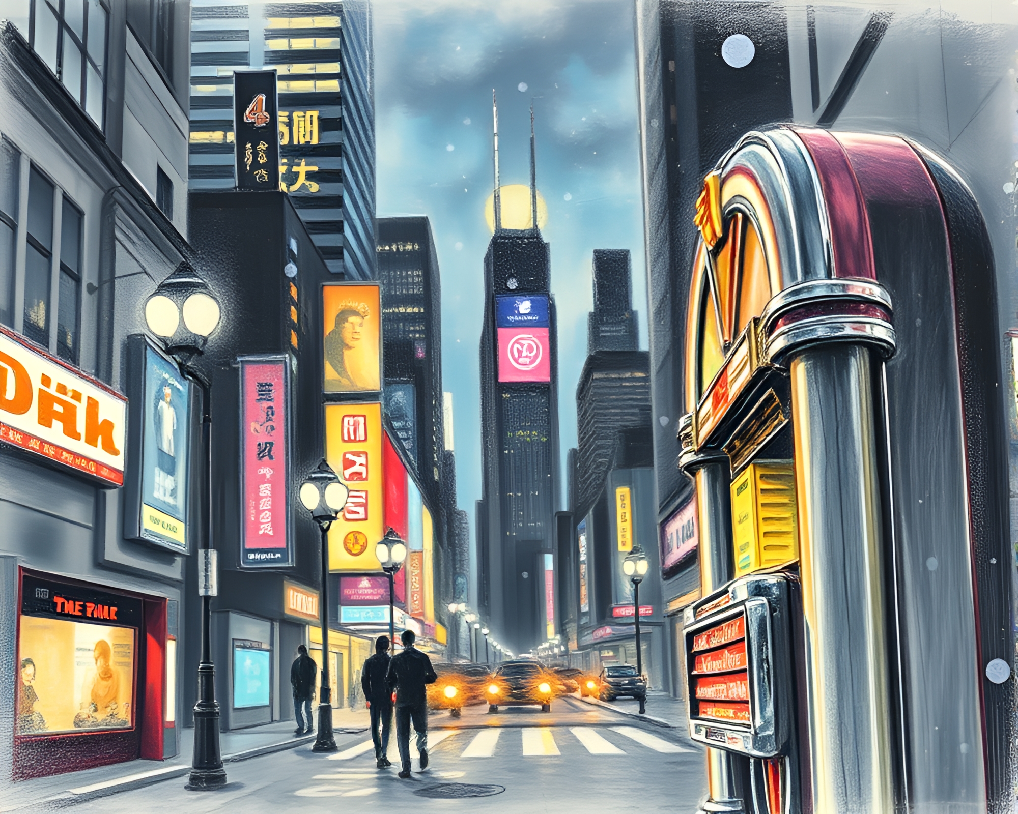 Retro Jukebox Hologram City Lights Sketch – free AI stock image
