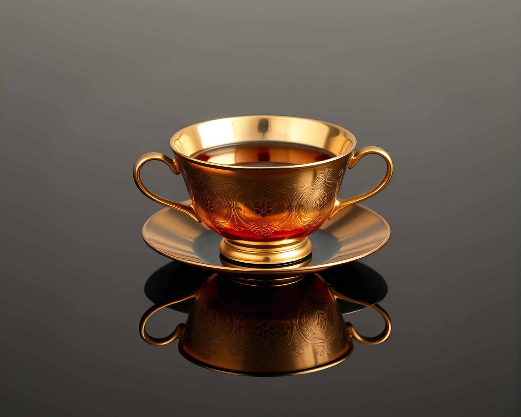 Floating Tea Cup Symmetry in Bronze Lighting – free AI stock image