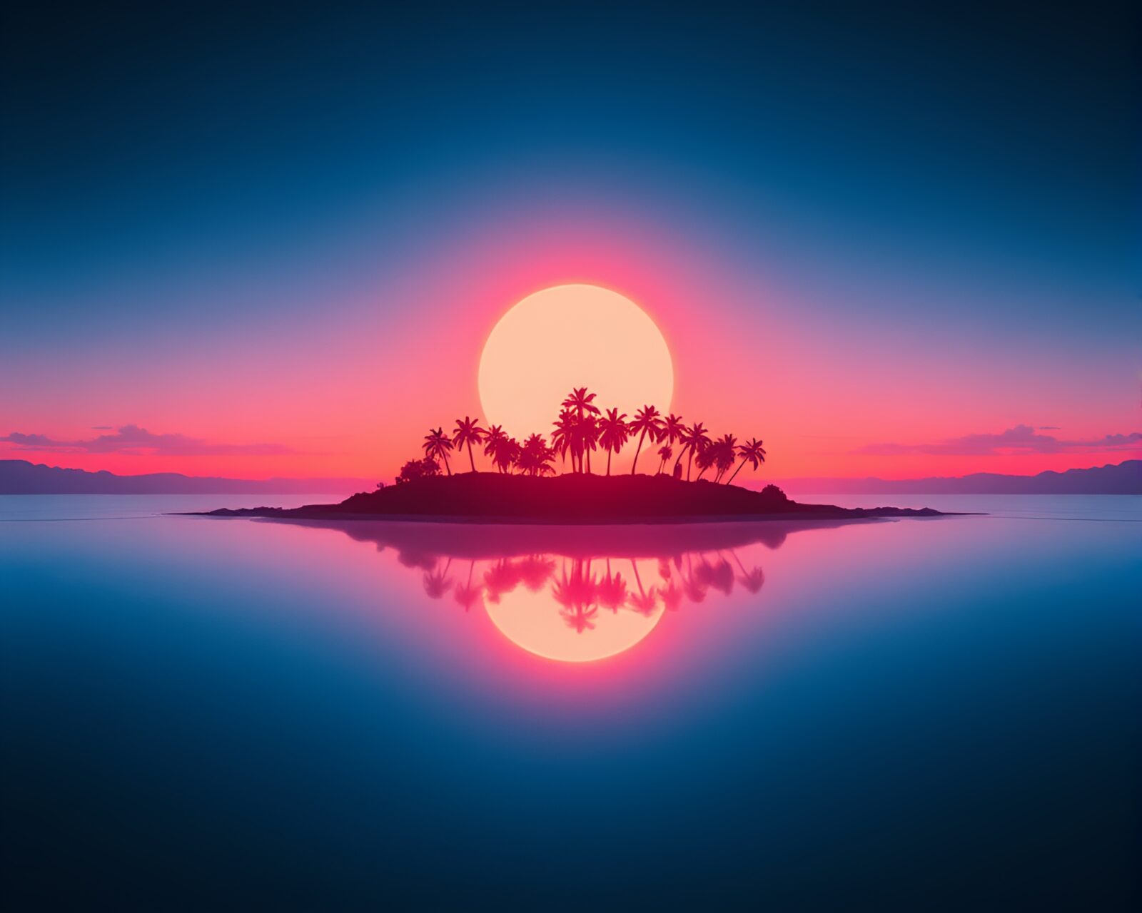 Vibrant neon island landscape with retro film grain effect