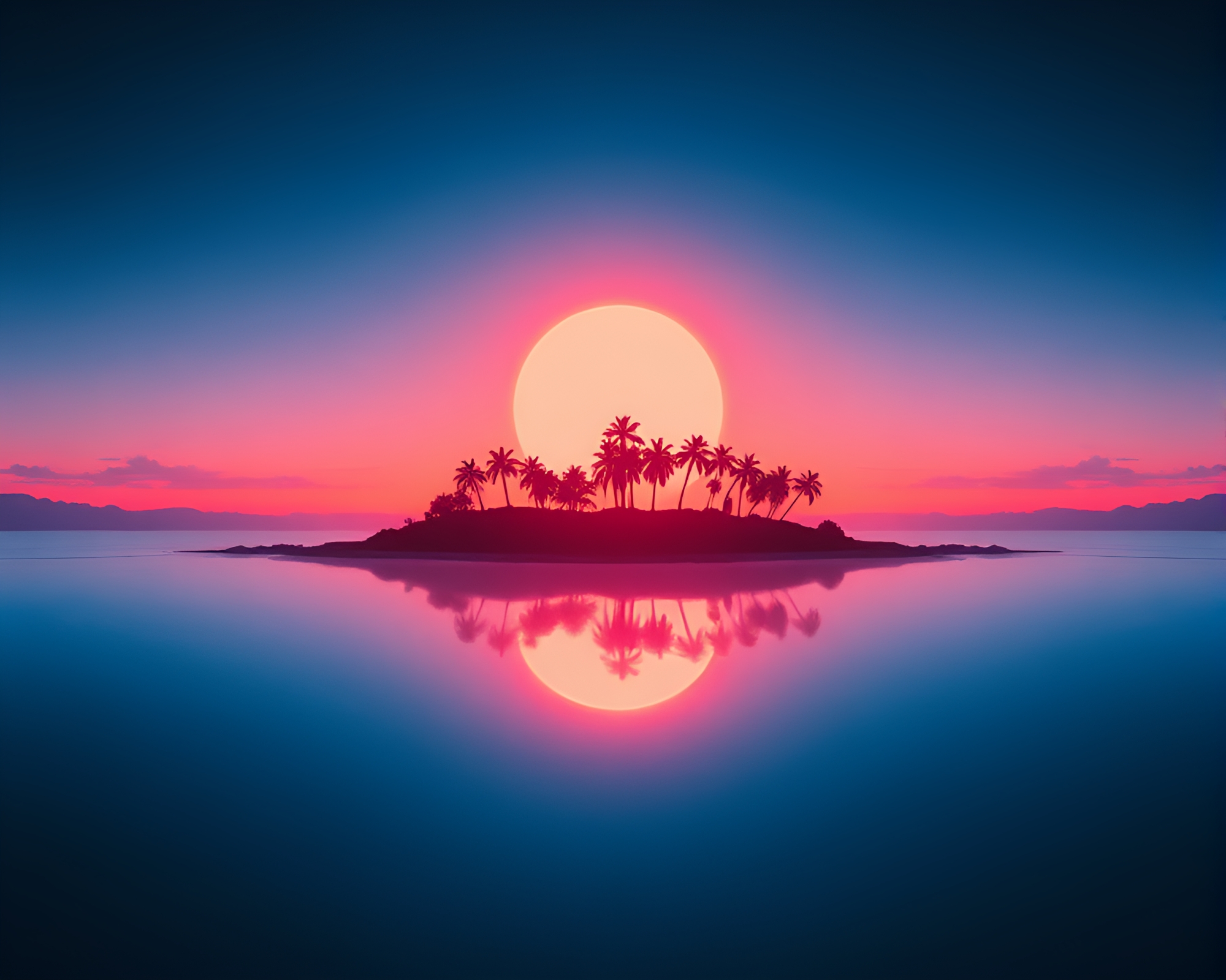 Symmetrical Neon Island in Retro Film Grain Art – free AI stock image
